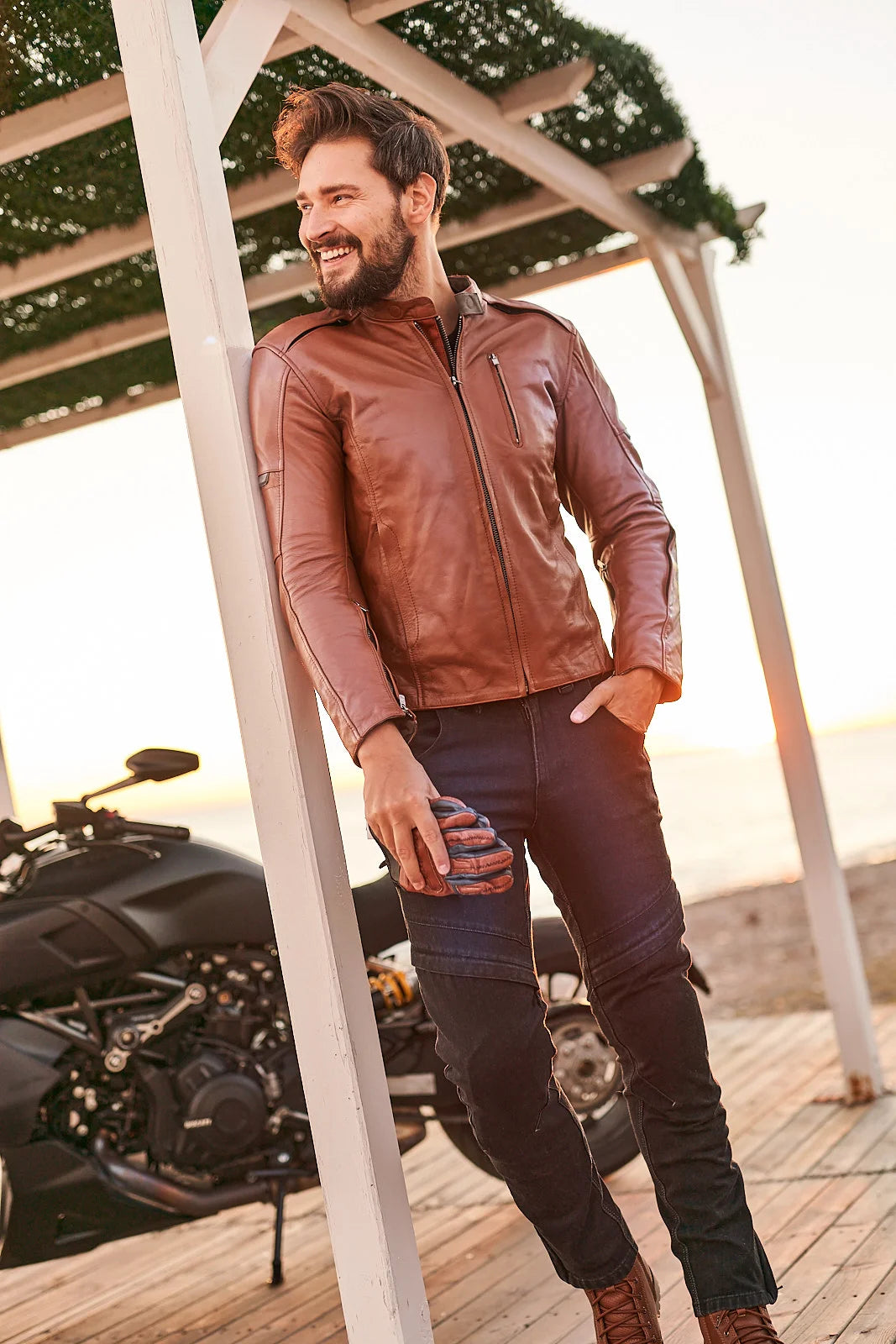 SHIMA HUNTER 2.0 MOTORCYCLE LEATHER JACKET LIGHT BROWN