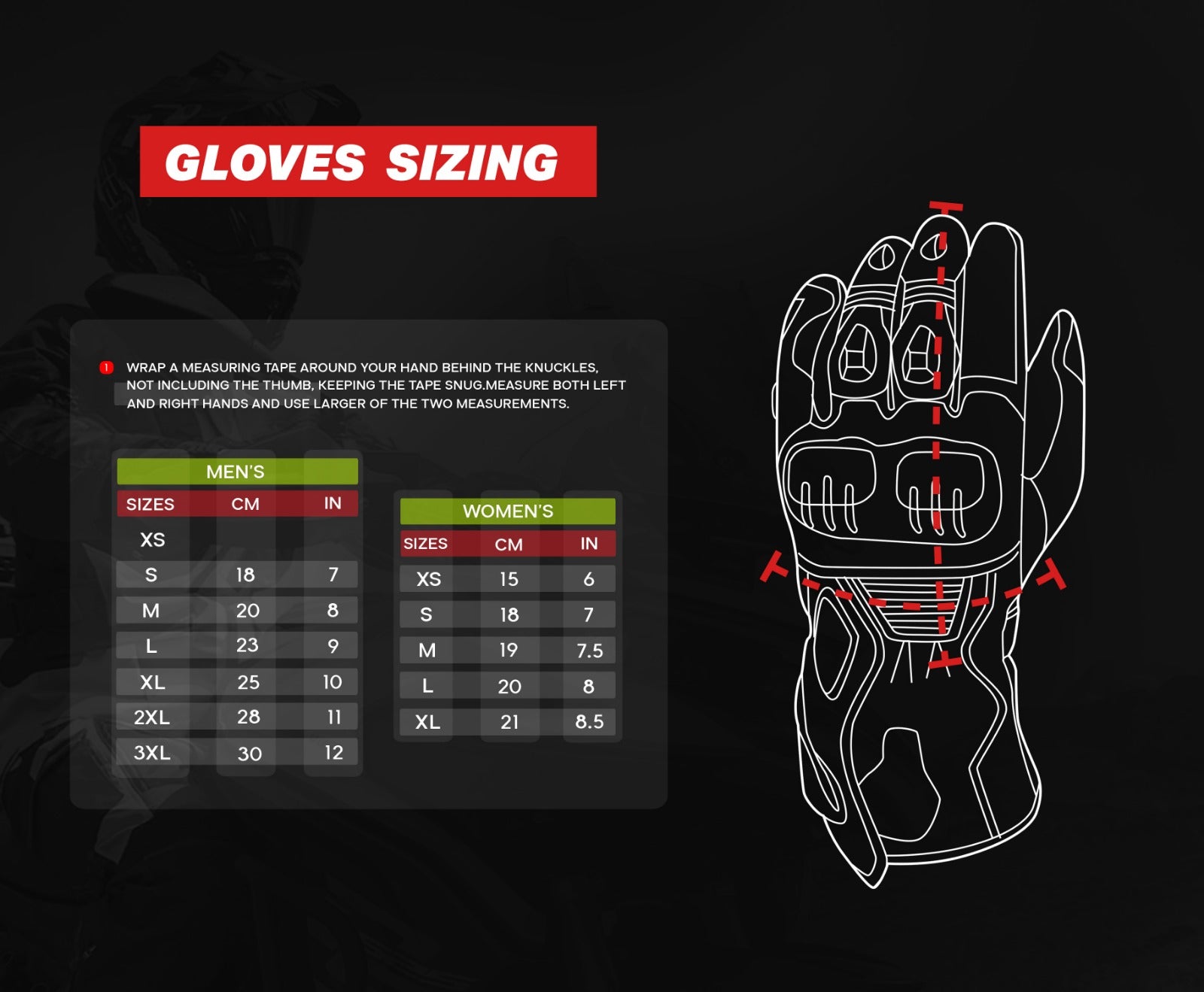 Motorcycle gloves Size Chart