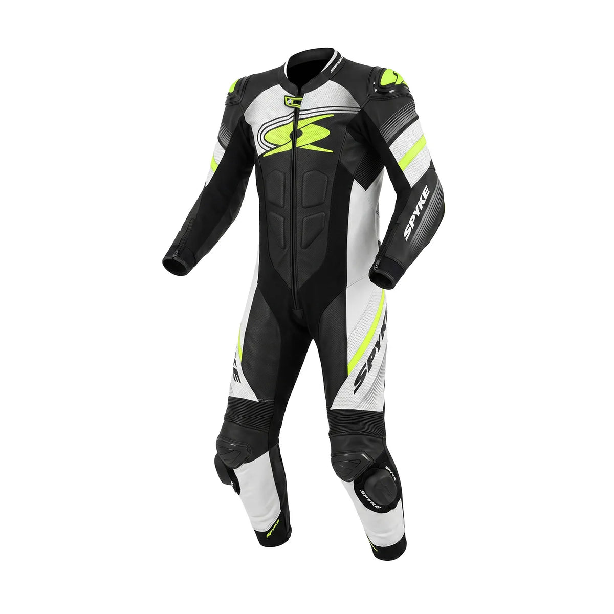 Spyke Estoril 1PC Motorcycle Racing Leather Suit Black White Yellow Fluro