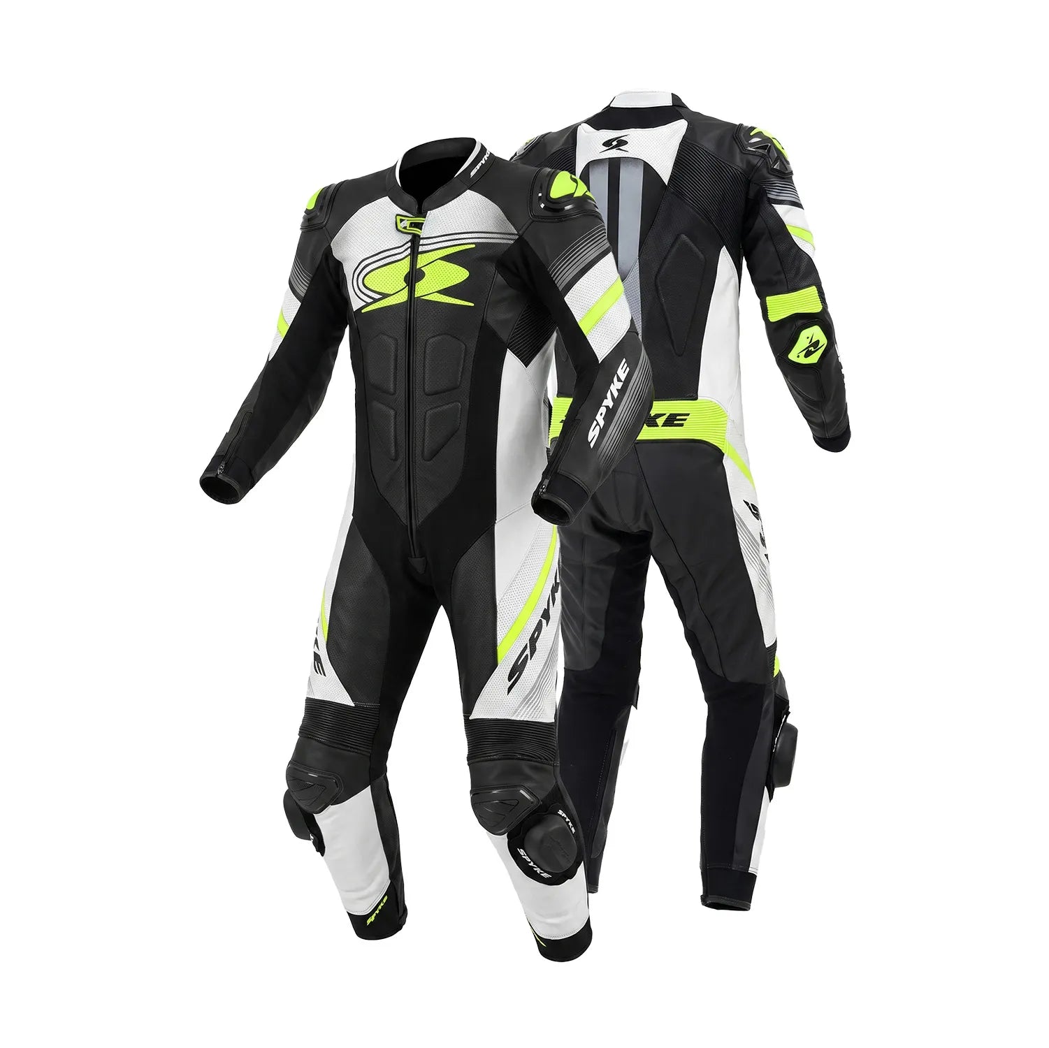 Spyke Estoril 1PC Motorcycle Racing Leather Suit Black White Yellow Fluro