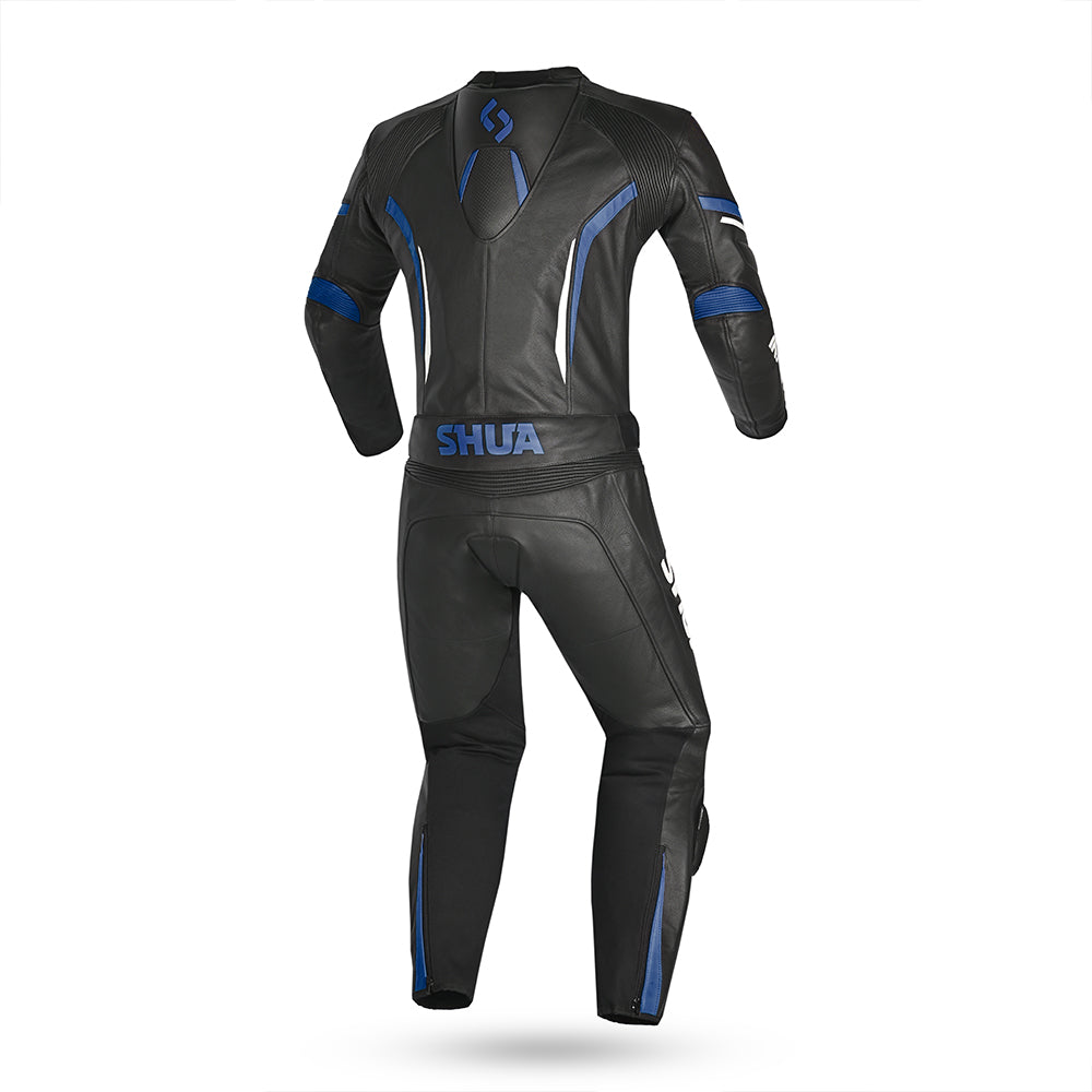 Shua infinity motorcycle leathers black blue back