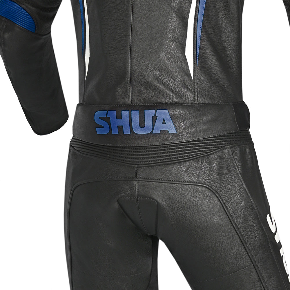 Shua infinity motorcycle leathers black blue back closup