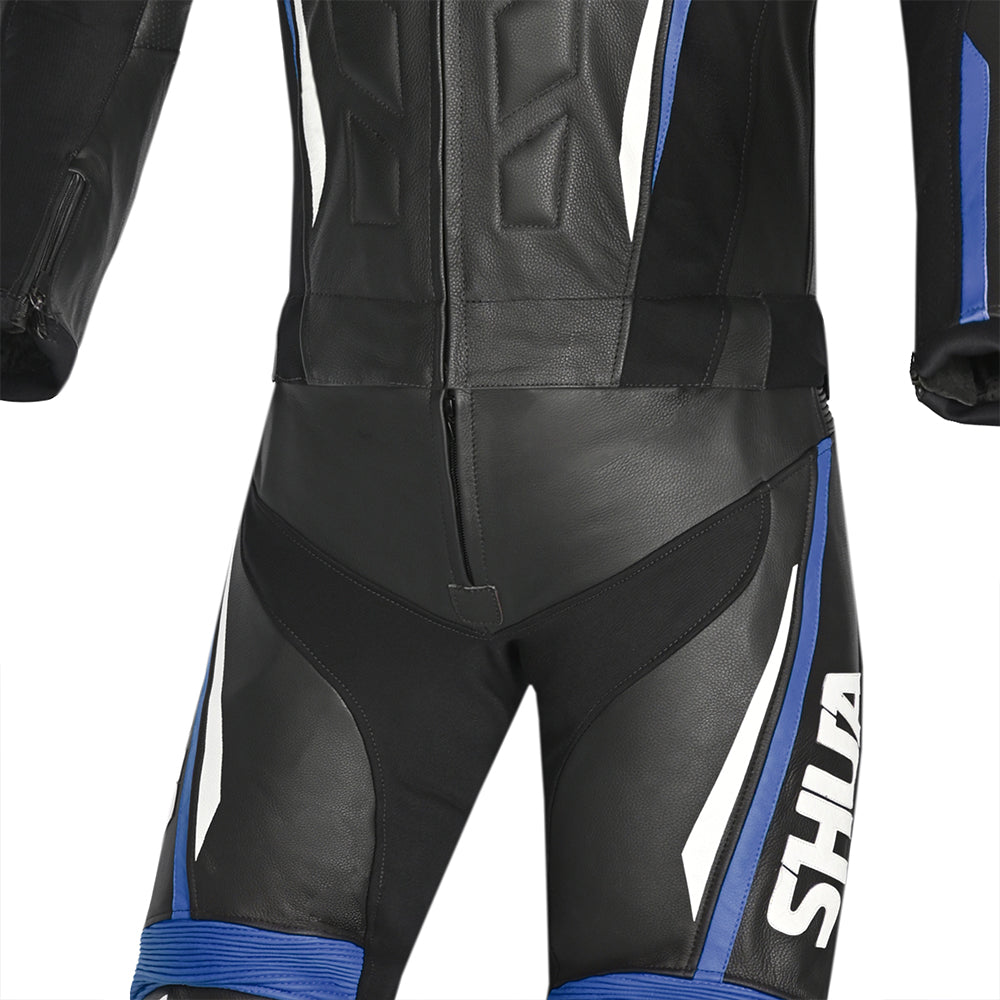 Shua infinity motorcycle leathers black blue front closeup