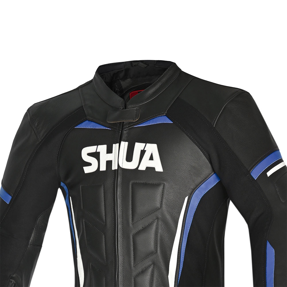 Shua infinity motorcycle leathers black blue front collar