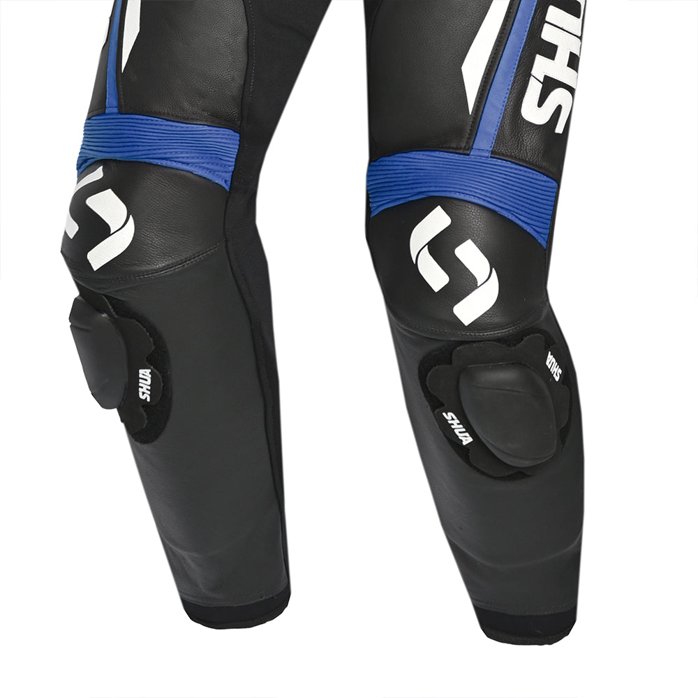 Shua infinity motorcycle leathers black blue front knees