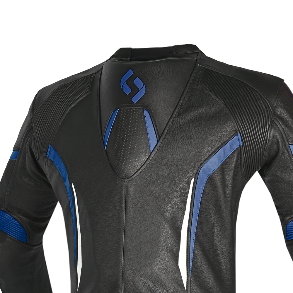 Shua infinity motorcycle leathers black blue shoulders back