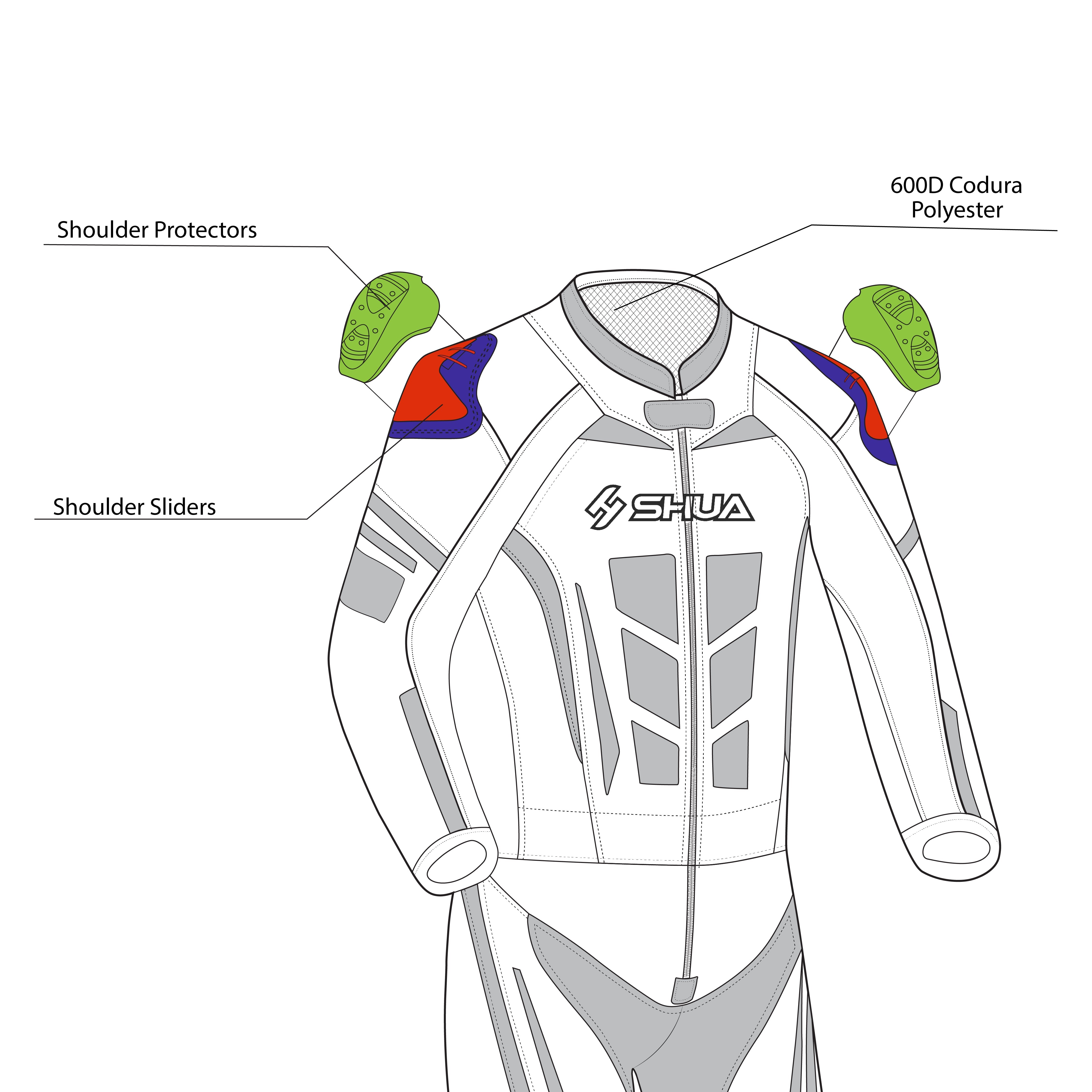 SHUA Infinity 2.0 1 PC Motorcycle Racing Leather Suit Black Yellow Flouro protection details - MaximomotoUK