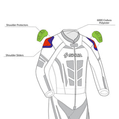 infographic sketch shua infinity 1 pc black and blue racing suit front side view 