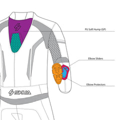infographic sketch shua infinity 1 pc black and green racing suit back side view 