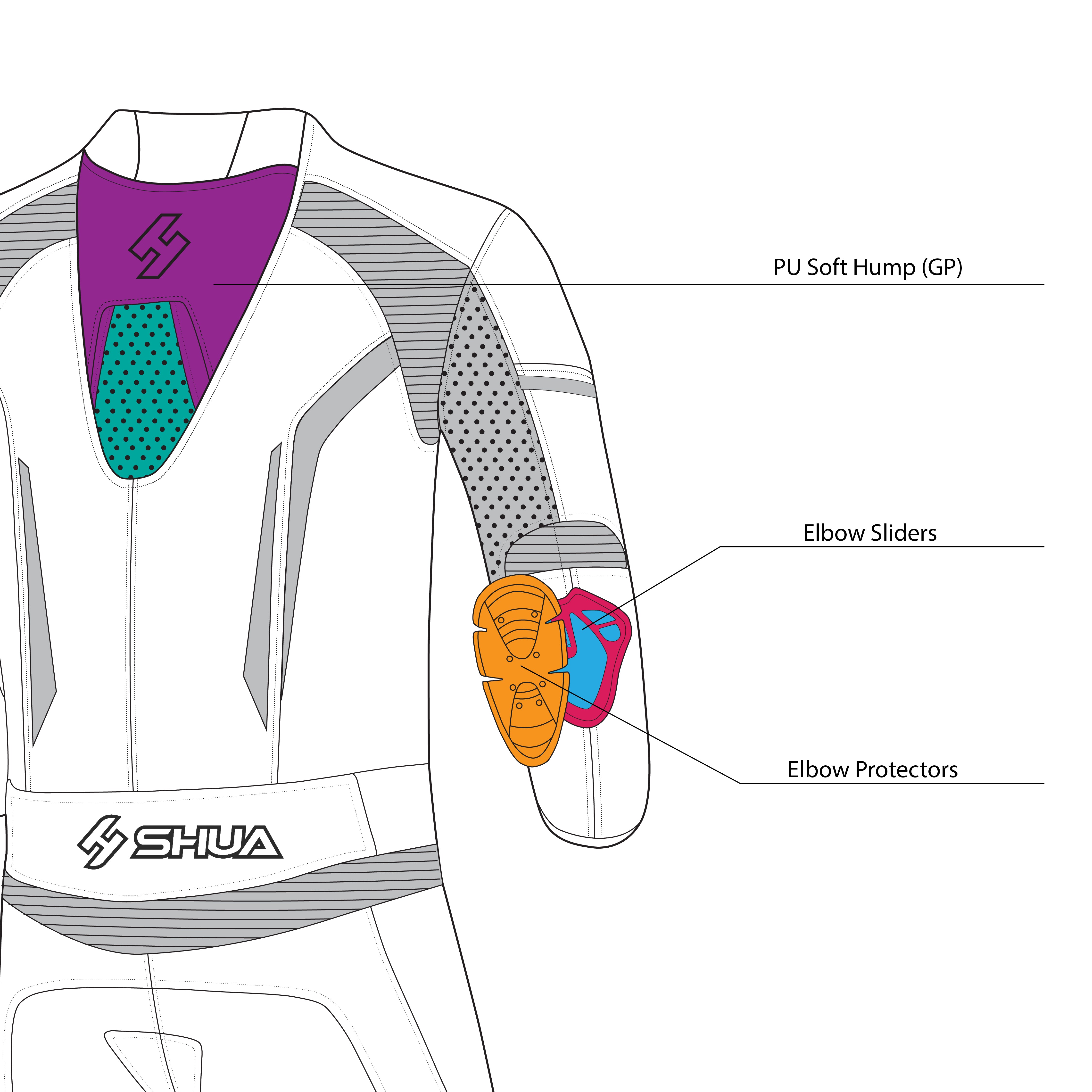 infographic sketch shua infinity 2 pc black and dark grey racing suit back side view