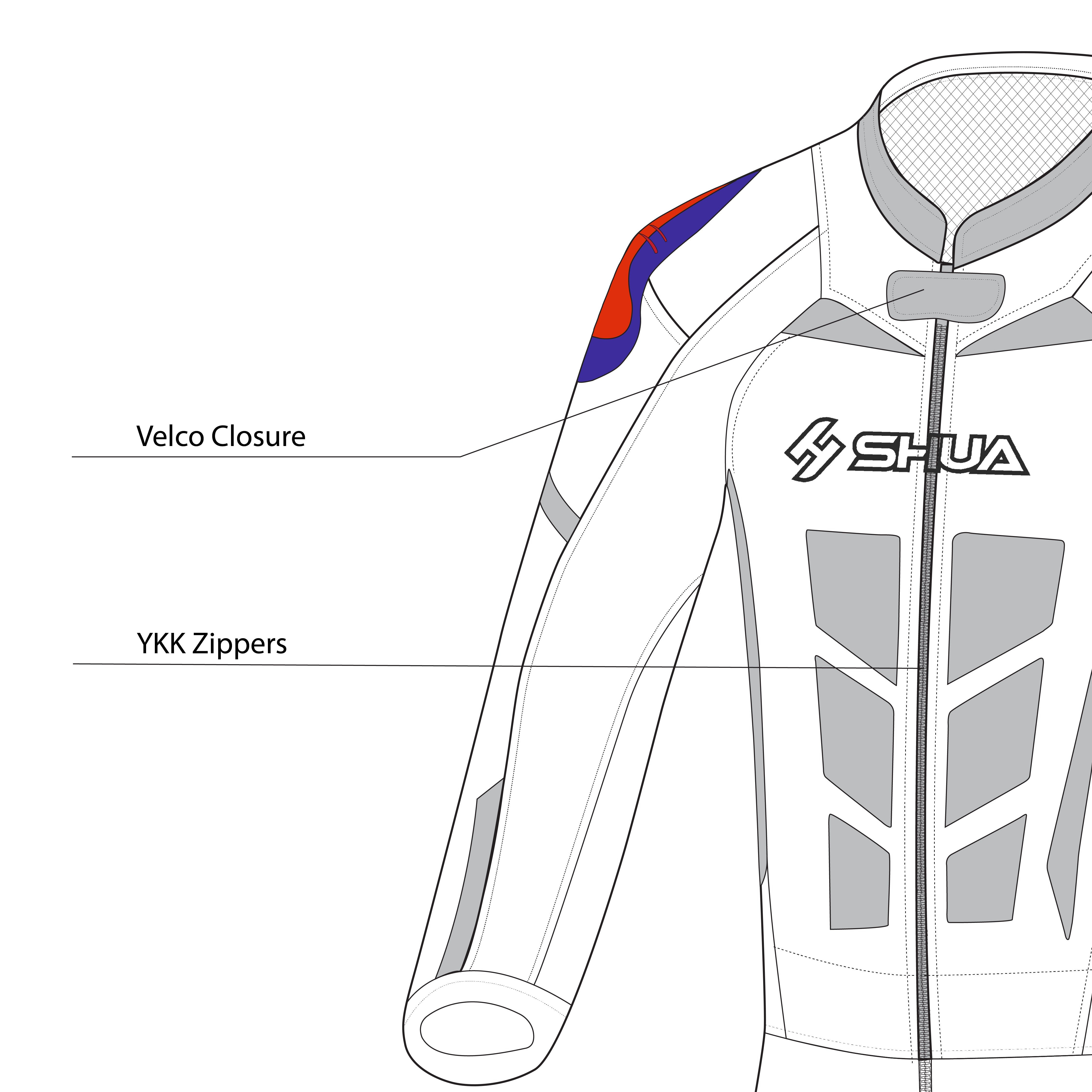 infographic sketch shua infinity 2 pc black and dark grey racing suit front right side view