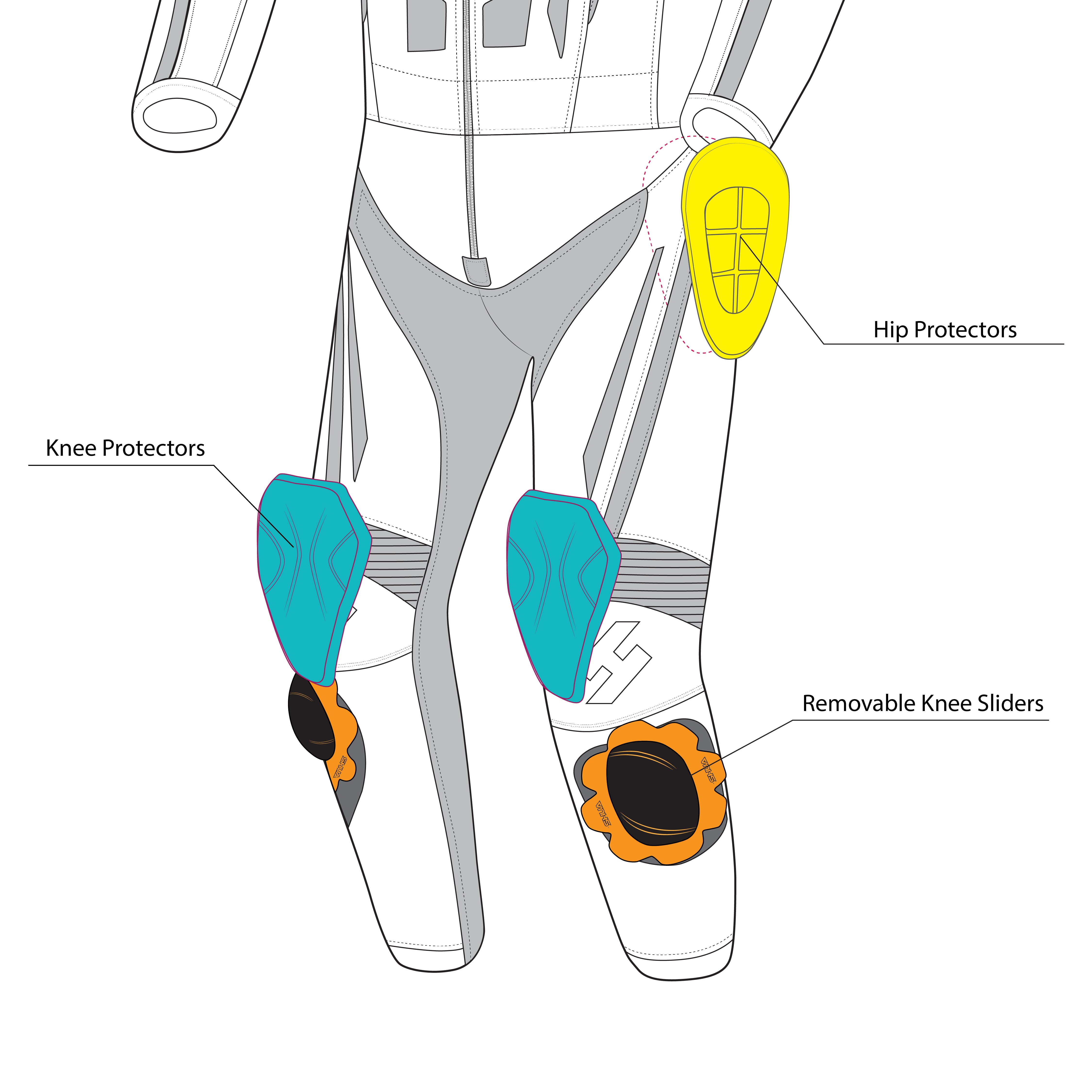 infographic sketch shua infinity 1 pc black and orange racing suit front bottom side view