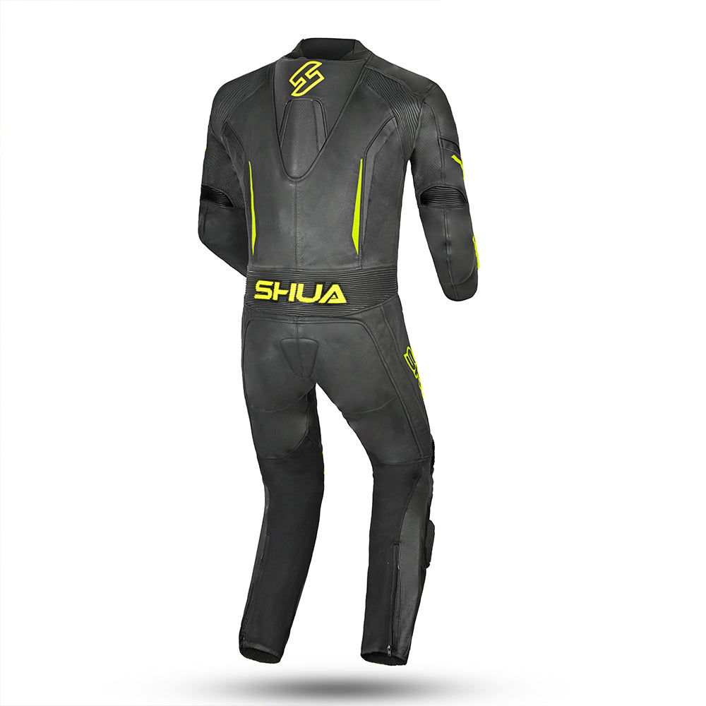 SHUA Infinity 2.0 1 PC Motorcycle Racing Leather Suit Black Yellow Flouro back - MaximomotoUK