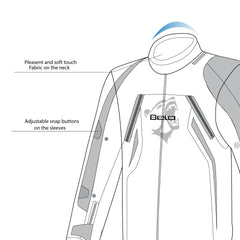 infographic sketch bela elanur lady textile jacket black, dark gray and pink top front side view