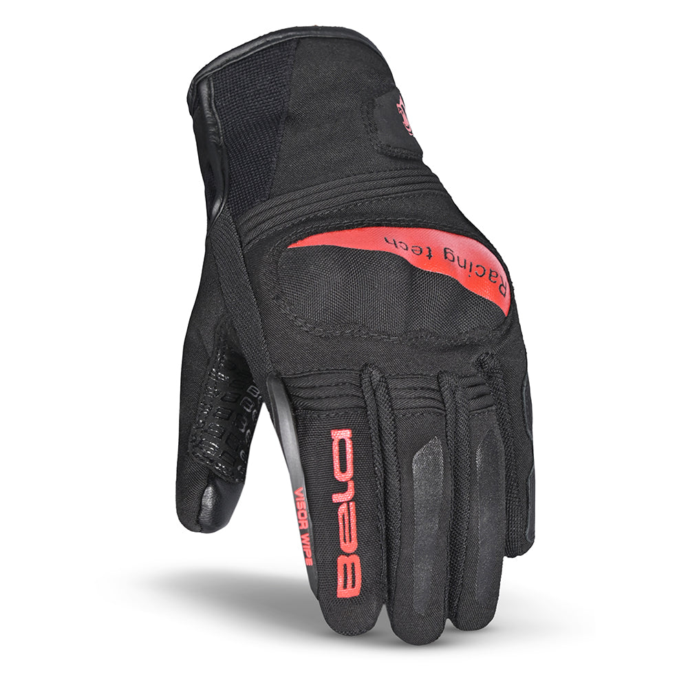 bela boom winter motorbike gloves water resistant men black red back