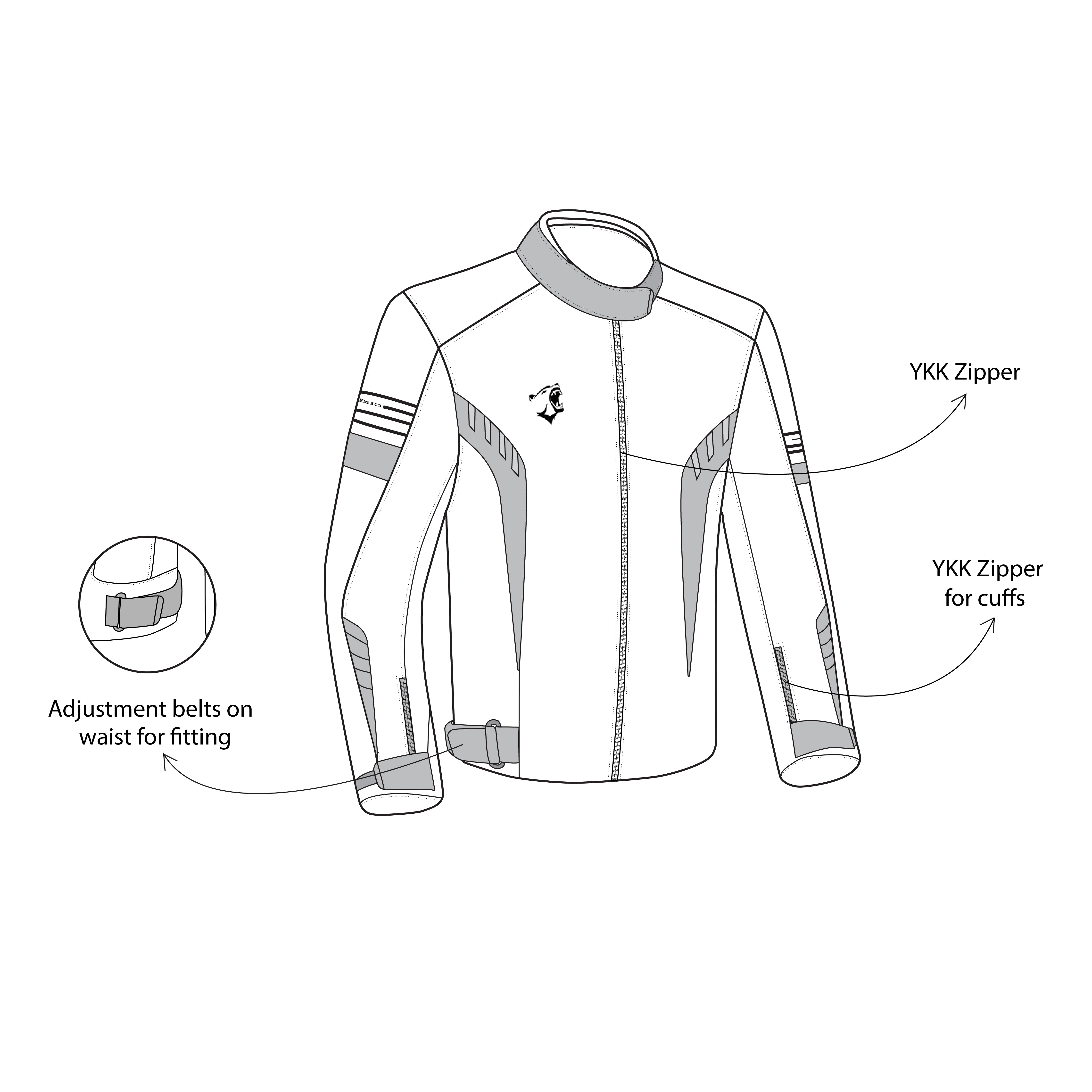 infographic sketch bela bradley textile jacket black, yellow and flouro top front side view