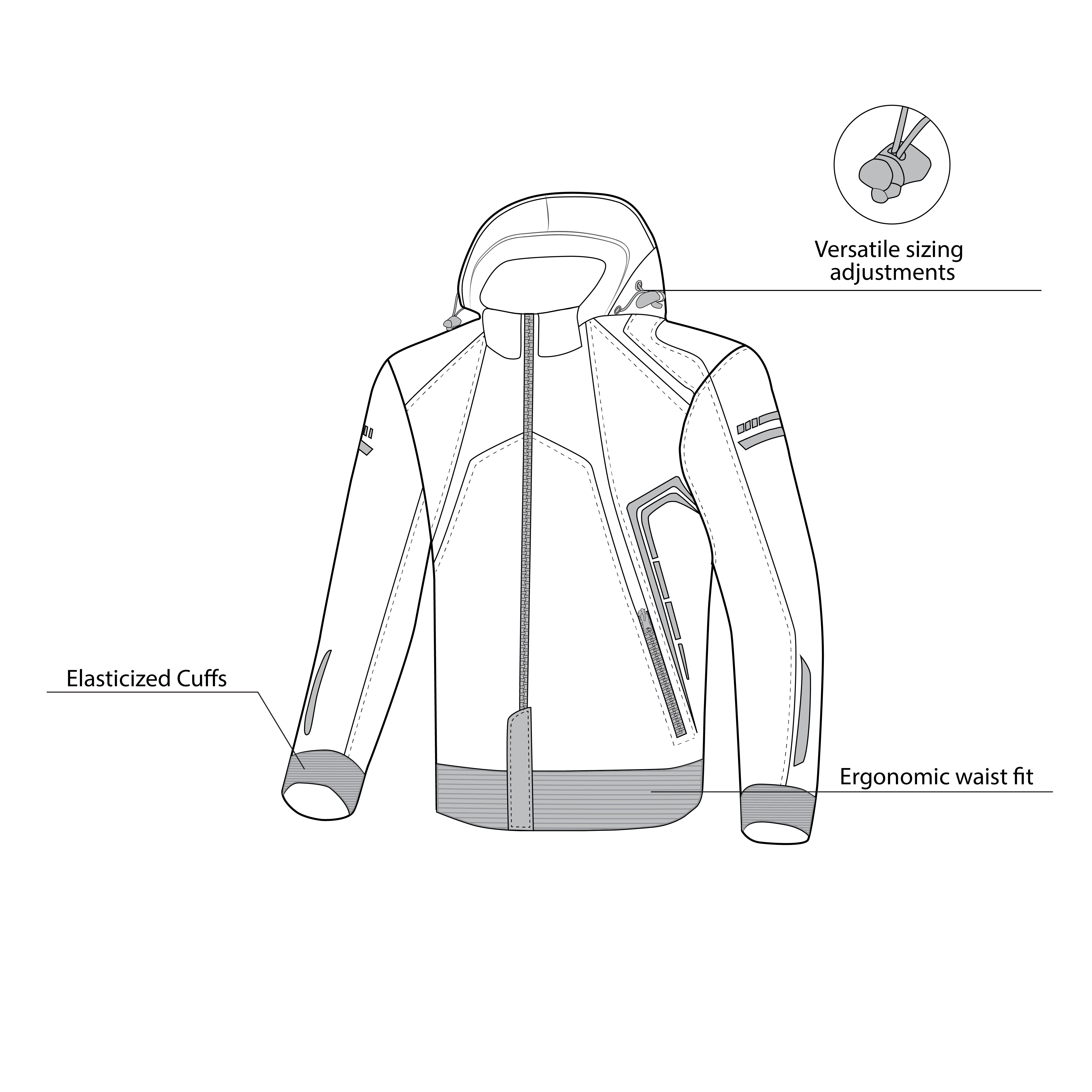 infographic sketch bela breeze softshell hoodie black and blue front side view
