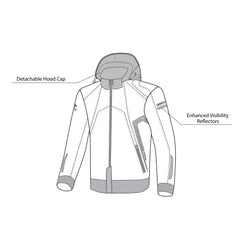 infographic sketch bela breeze softshell hoodie black and yellow top front side view