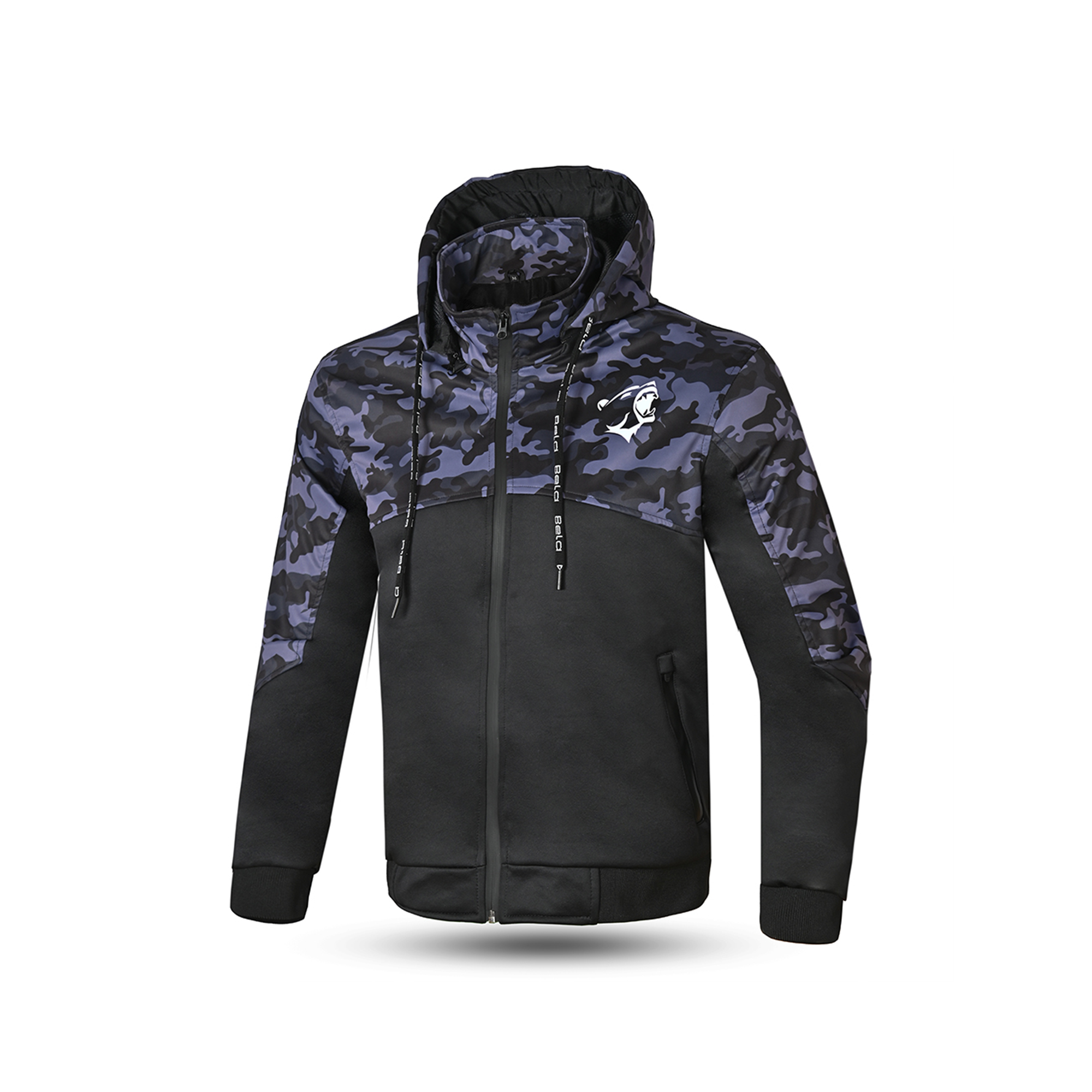 bela camo rush hoodie black dark and blue front side view