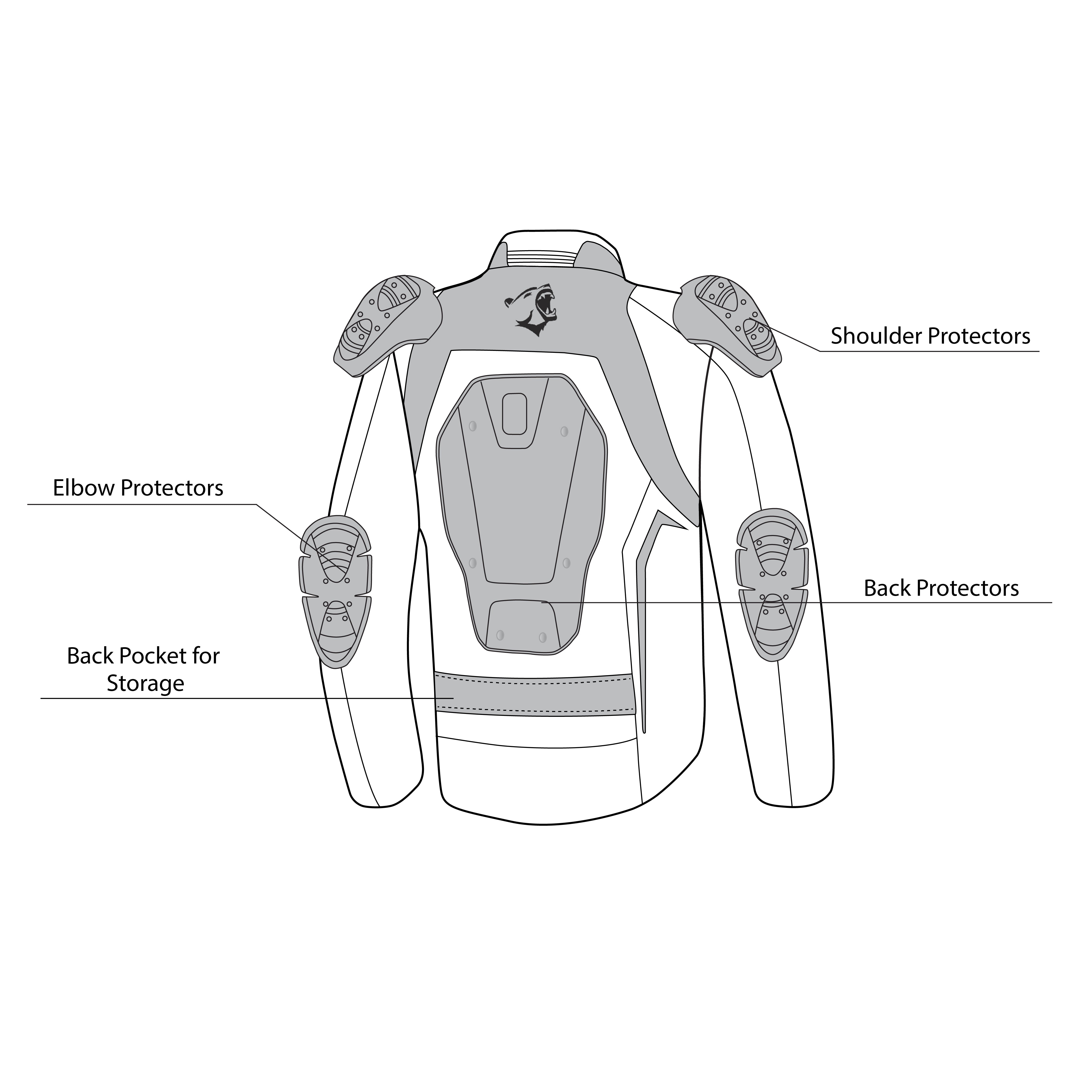 infographic sketch bela cordaniel textile jacket black, dark-gray and yellow-flouro back side view