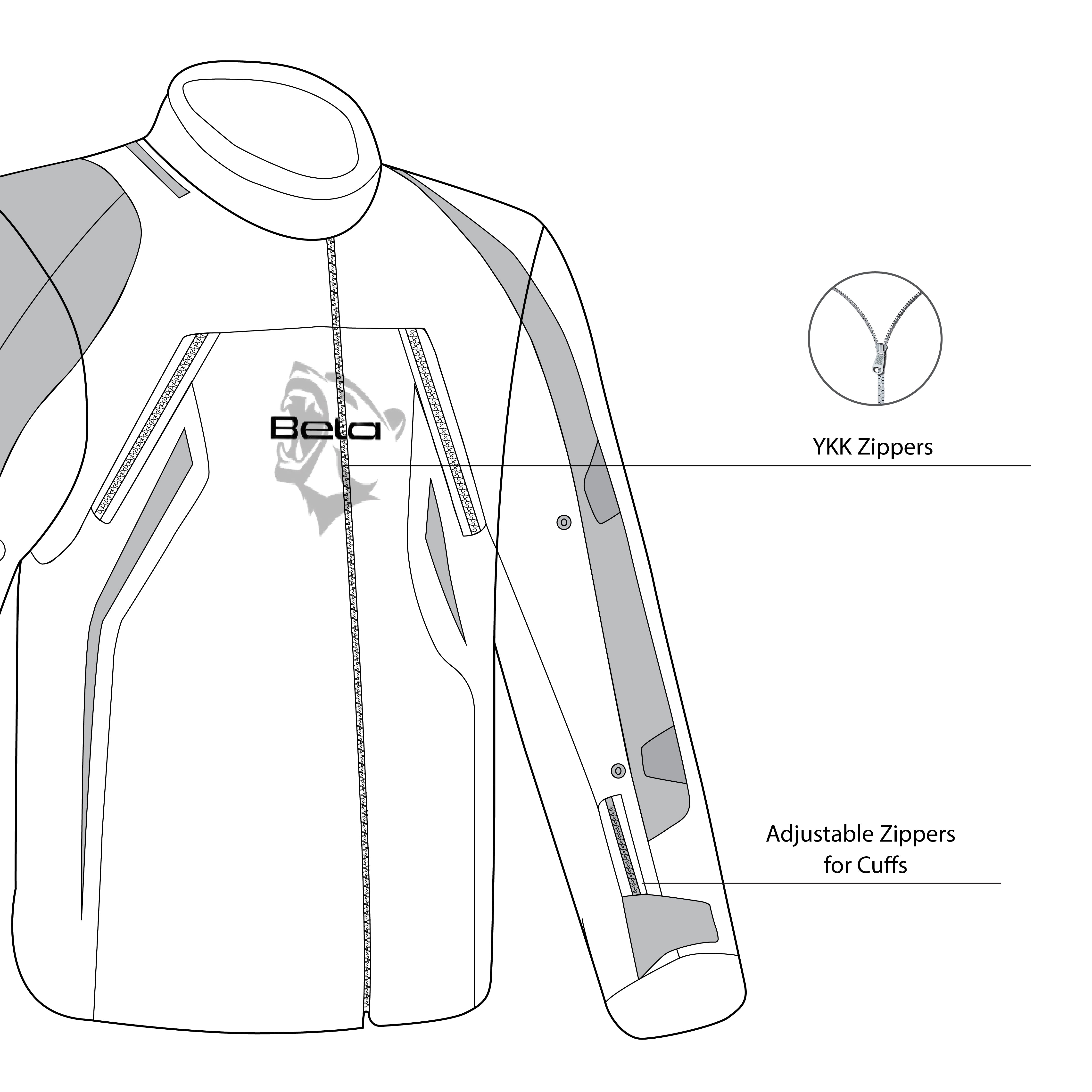 infographic sketch bela cordaniel textile jacket black, dark-gray and yellow-flouro front left side view
