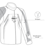 infographic sketch bela cordaniel textile jacket black, dark-gray and yellow-flouro front left side view