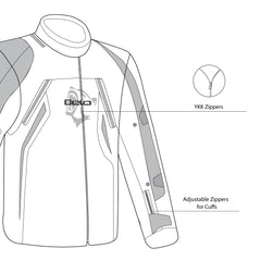 infographic sketch bela cordaniel textile jacket black, gray and red front left side view