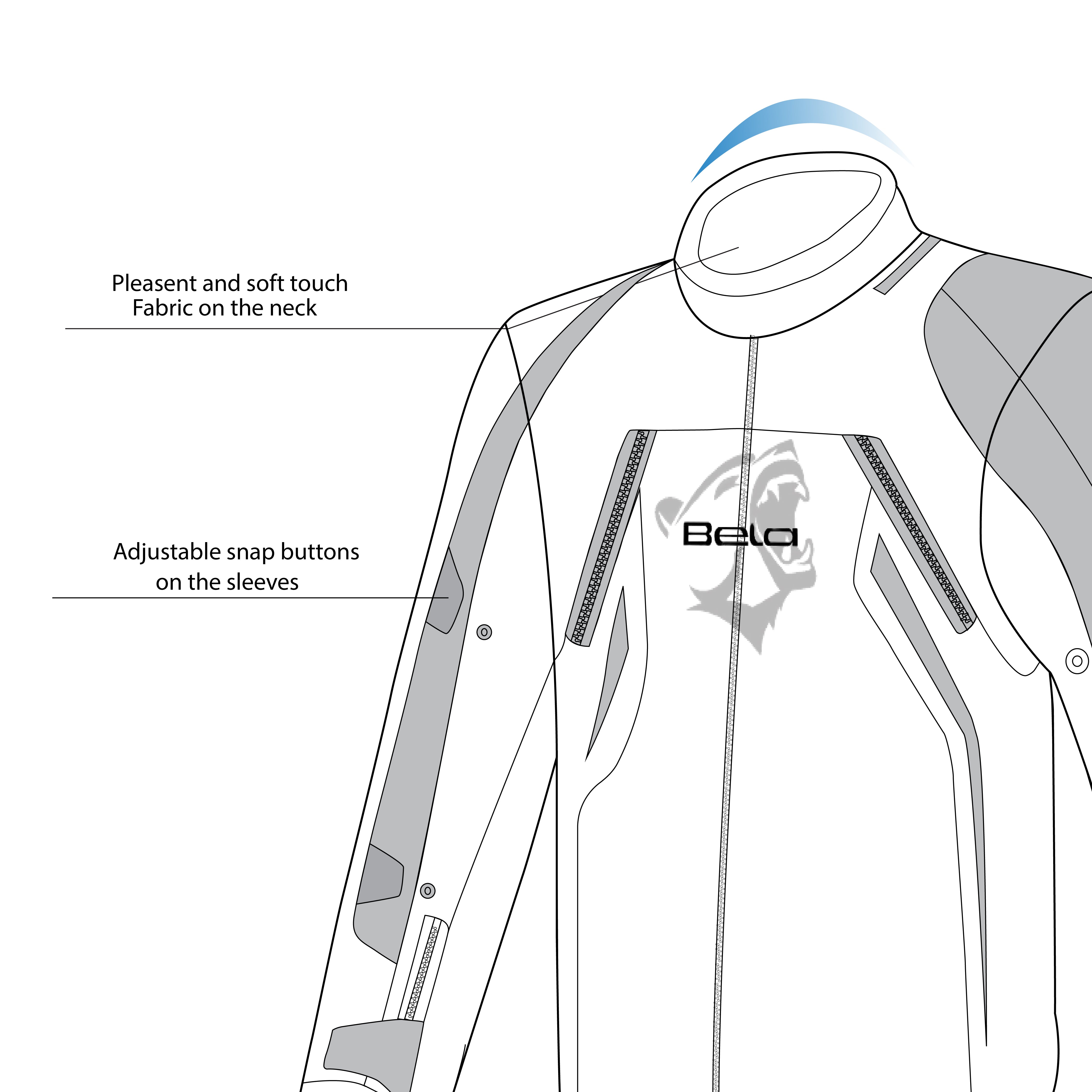 infographic sketch bela cordaniel textile jacket black, gray and red front right side view