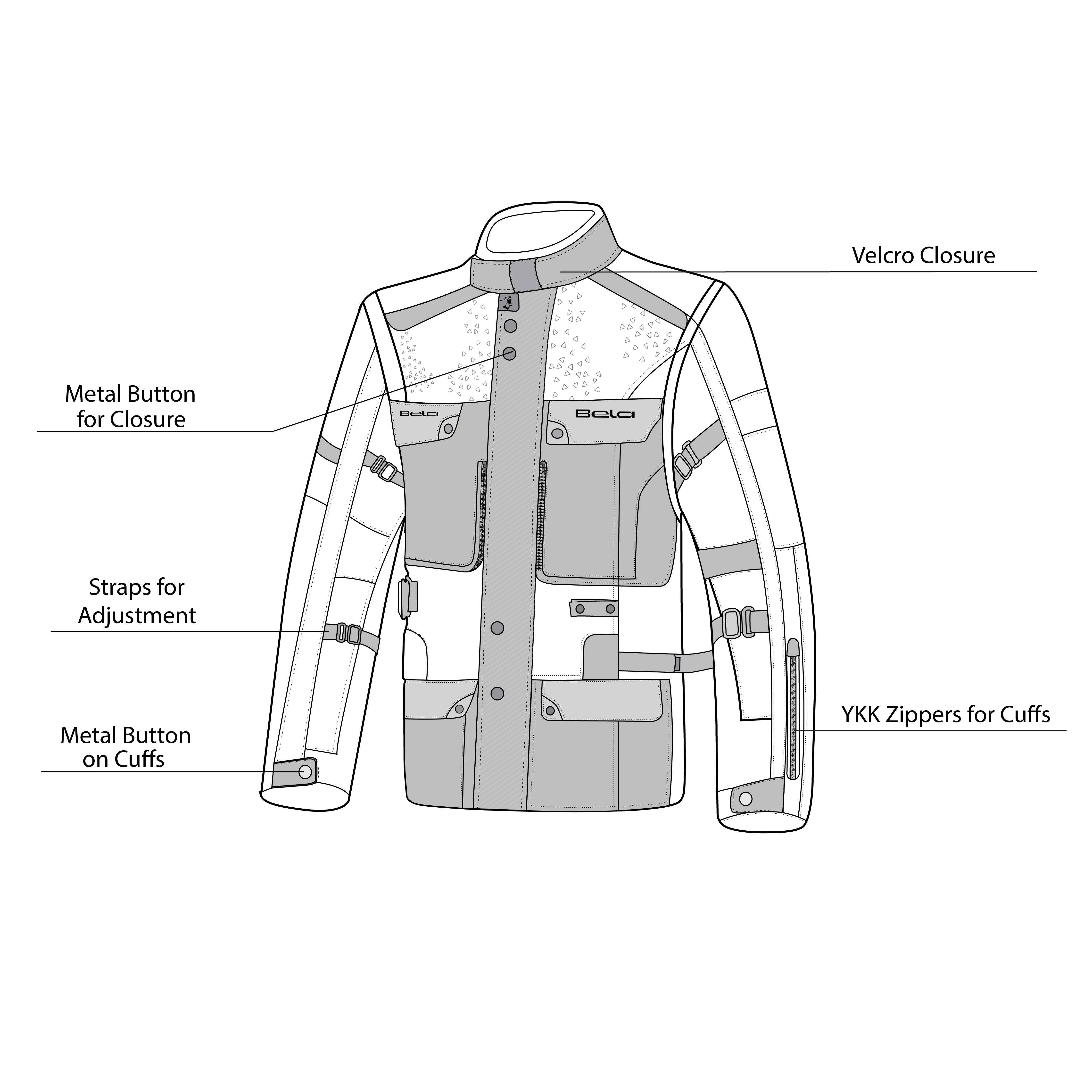 infographic sketch bela crossroad extreme wr the winter jacket ice-gray and black front side view