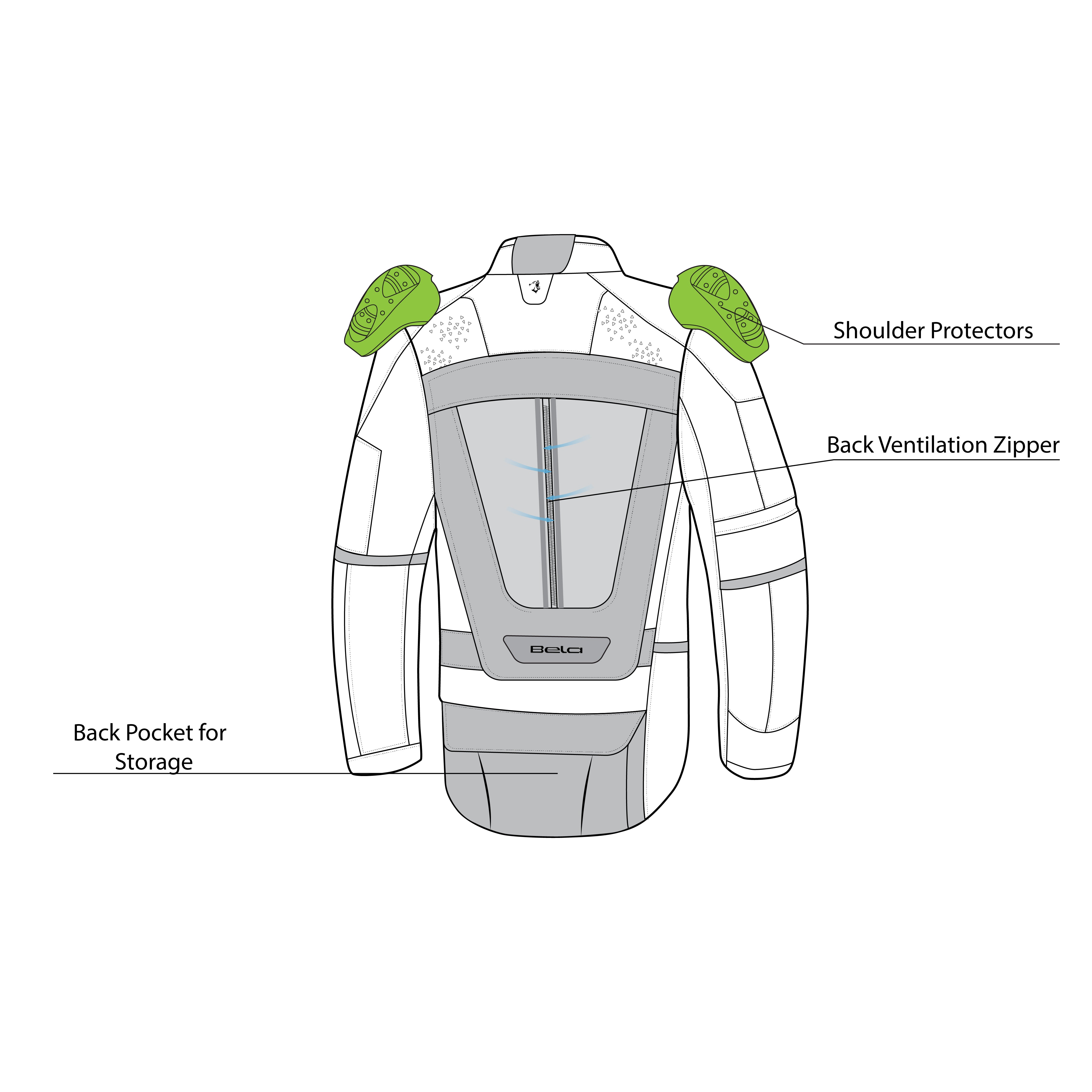 infographic sketch bela crossroad extreme wr the winter jacket ice-gray and black back shoulder view