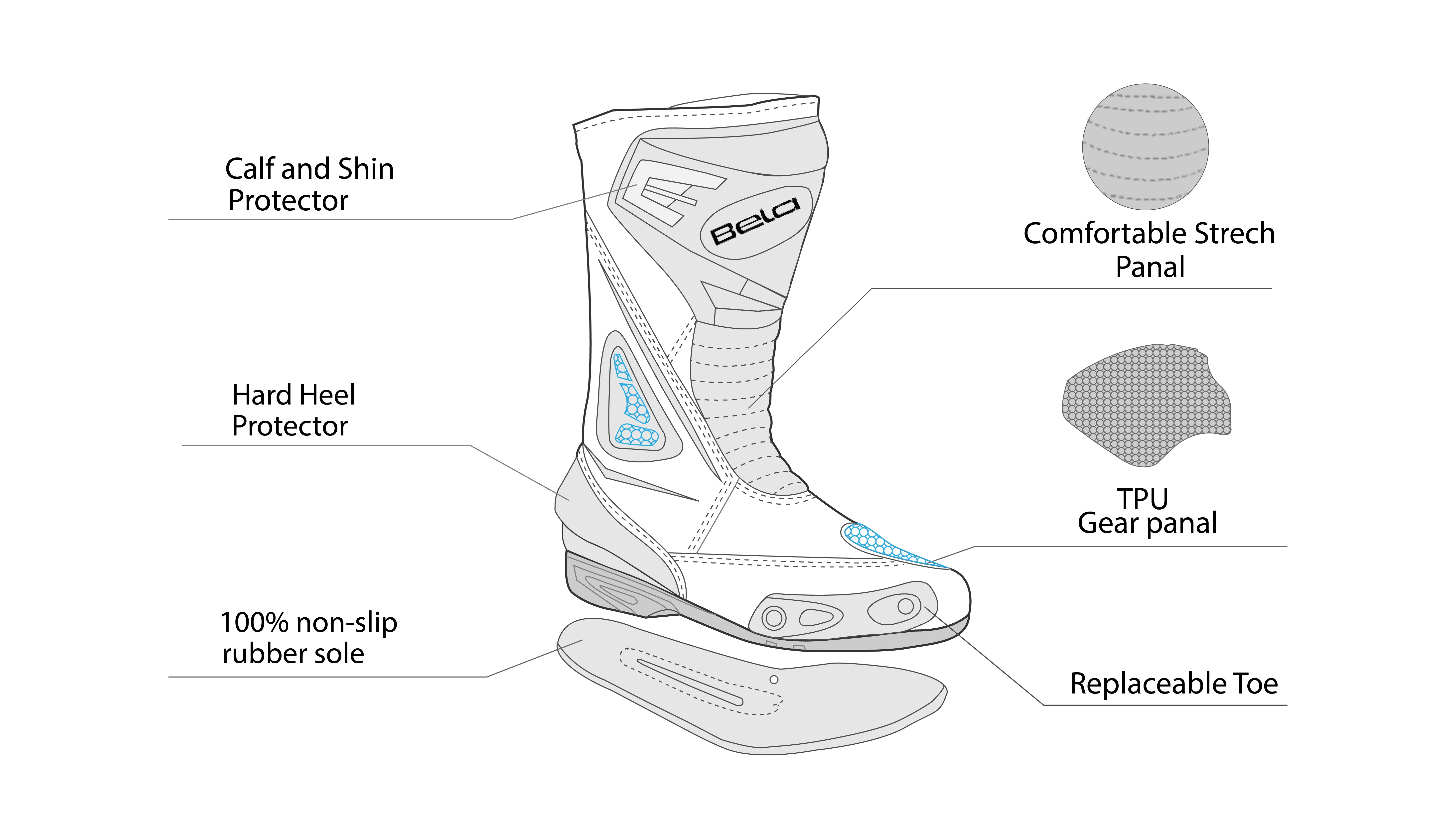 infographic sketch bela master man racing boot black and gray front side view