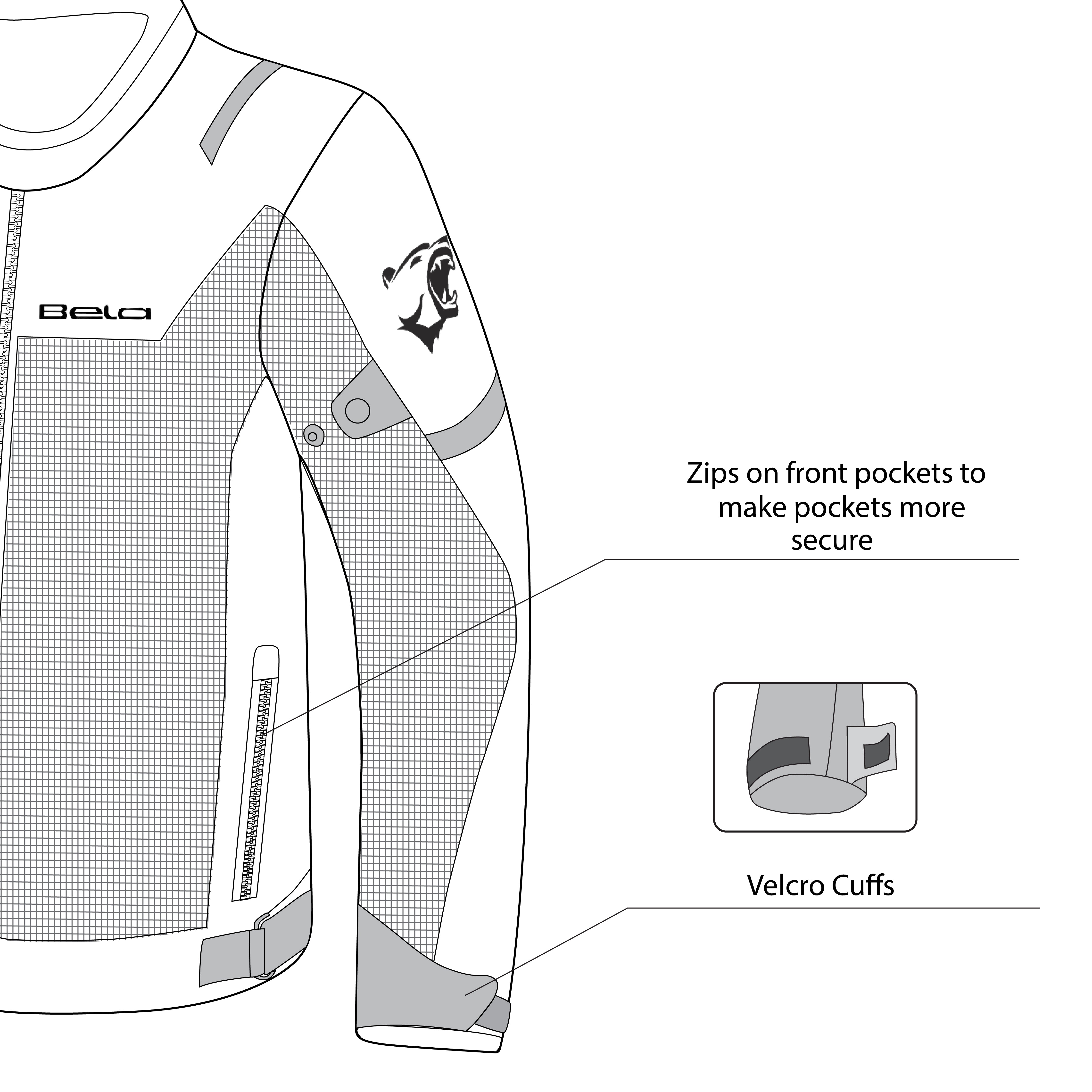 infographic sketch bela mesh pro lady textile jacket black front left side view