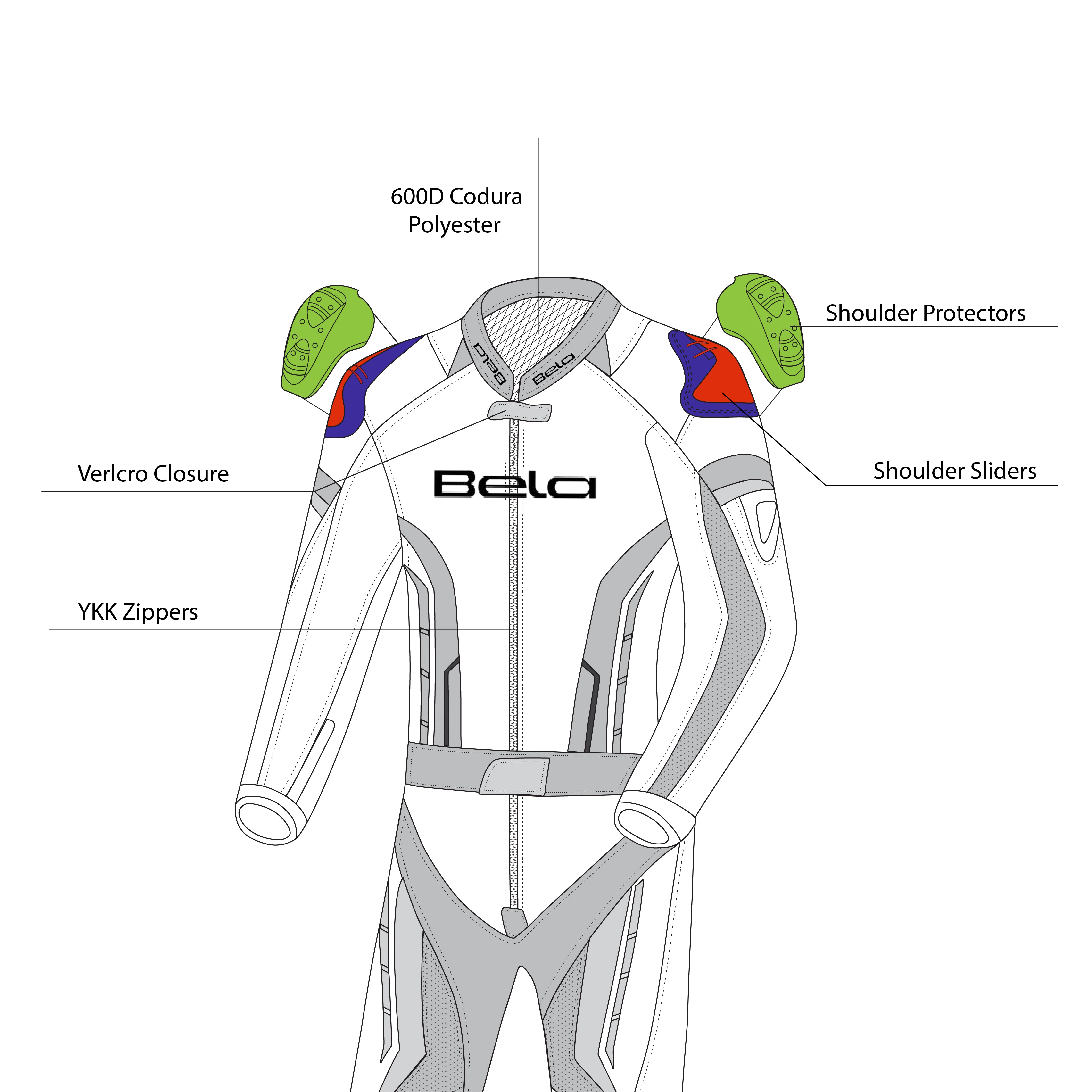 infogrpahic sketch of Bela Rocket Lady black and white 2 PC Motorcycle Racing Suit front side view