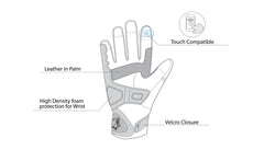 infographic sketch bela rocket short racing gloves black, white and blue front side view