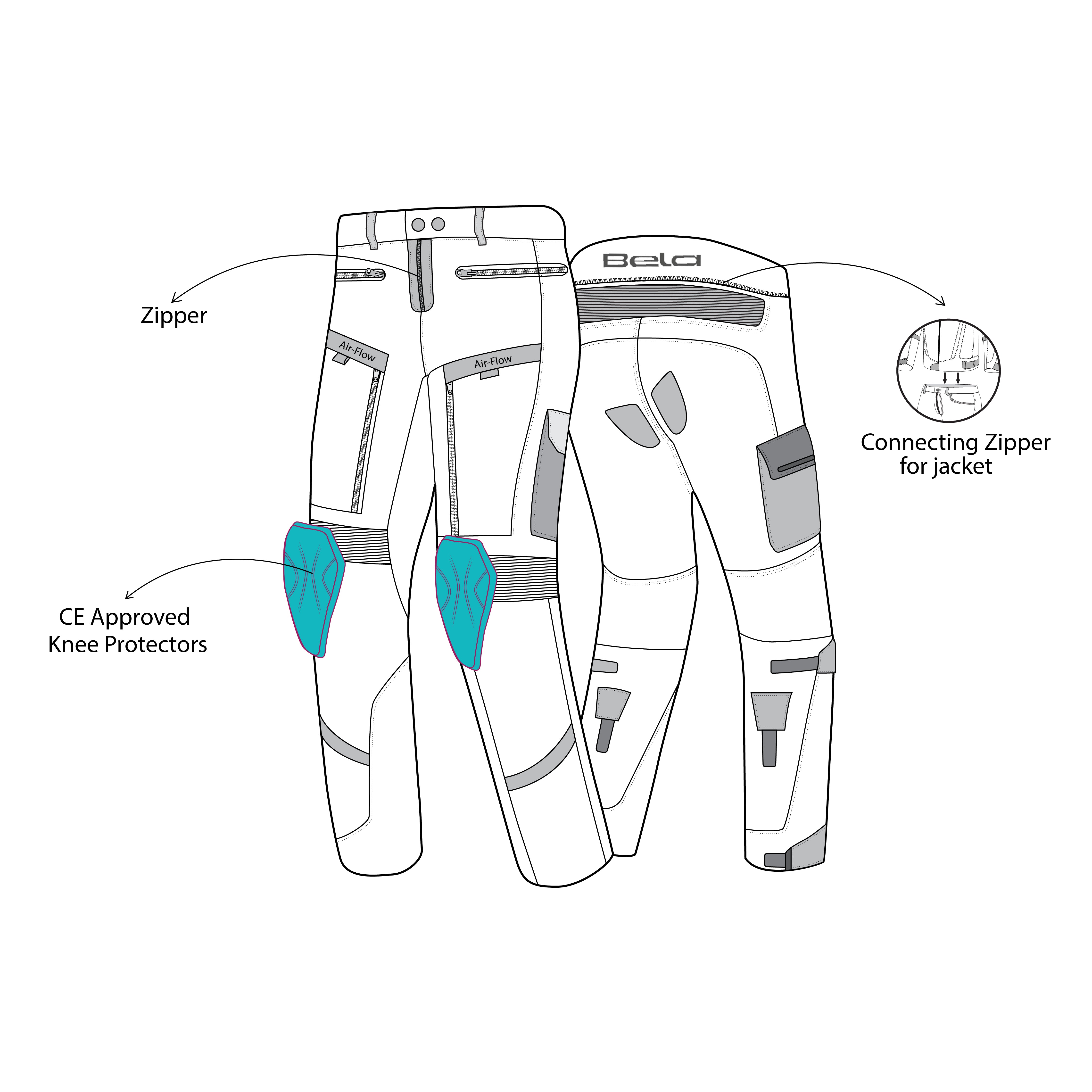 infographic sketch bela transformer textile pant black, blue and ice front and back view