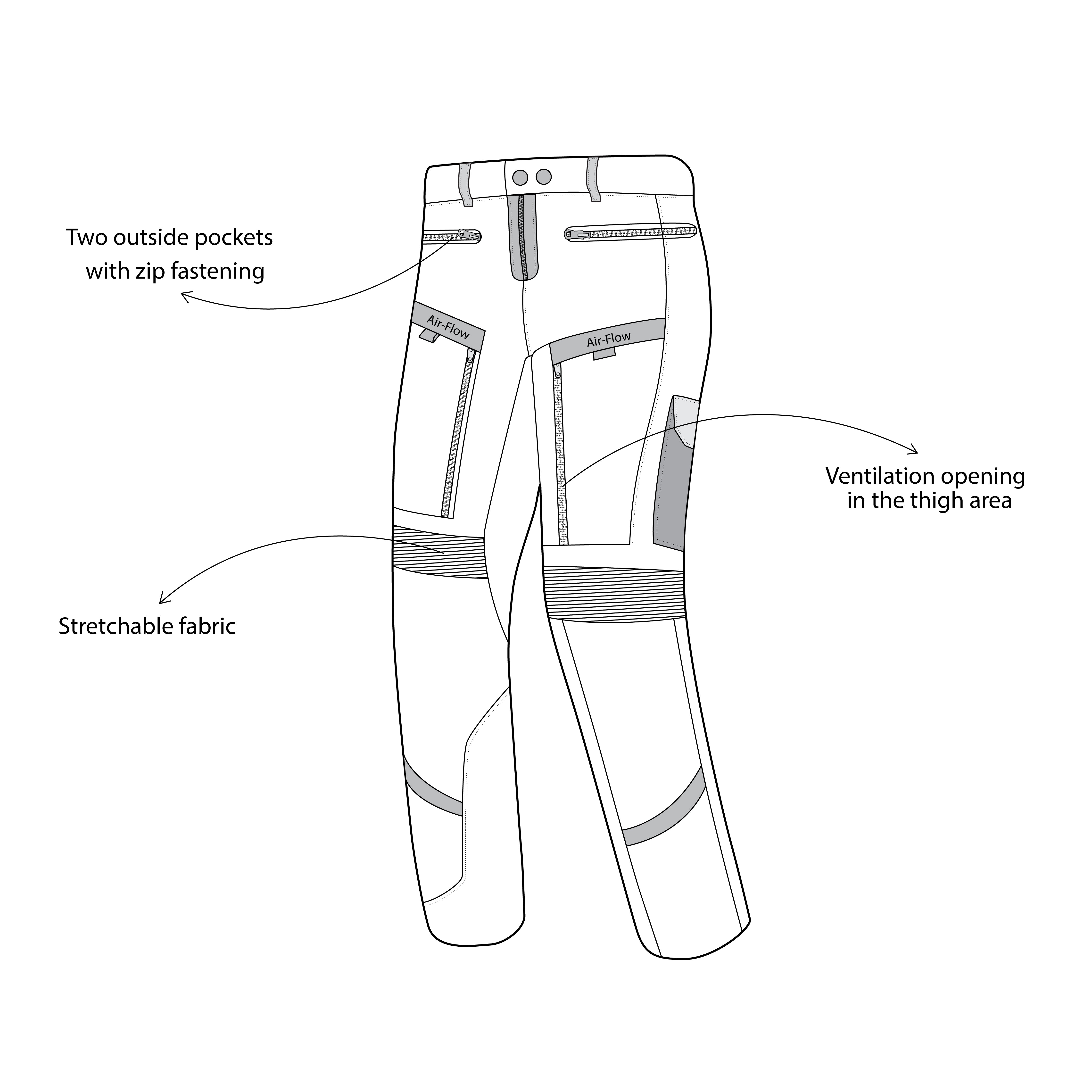 infographic sketch bela transformer textile pant black and red front side view
