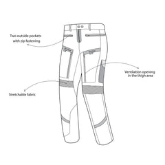 infographic sketch bela transformer textile pant black, red and ice front side view