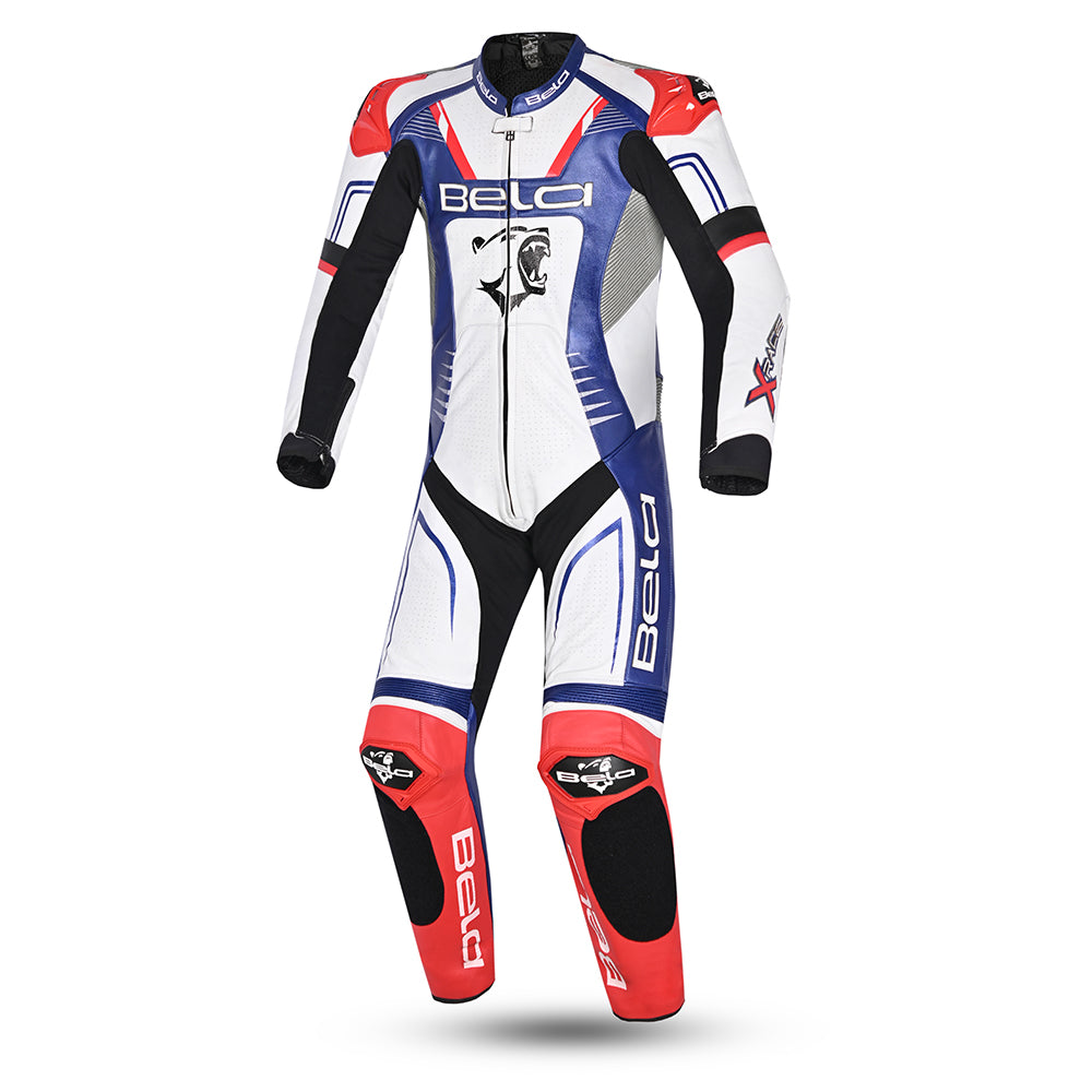 bela x race 1pc motorbike racing leather suit black white blue