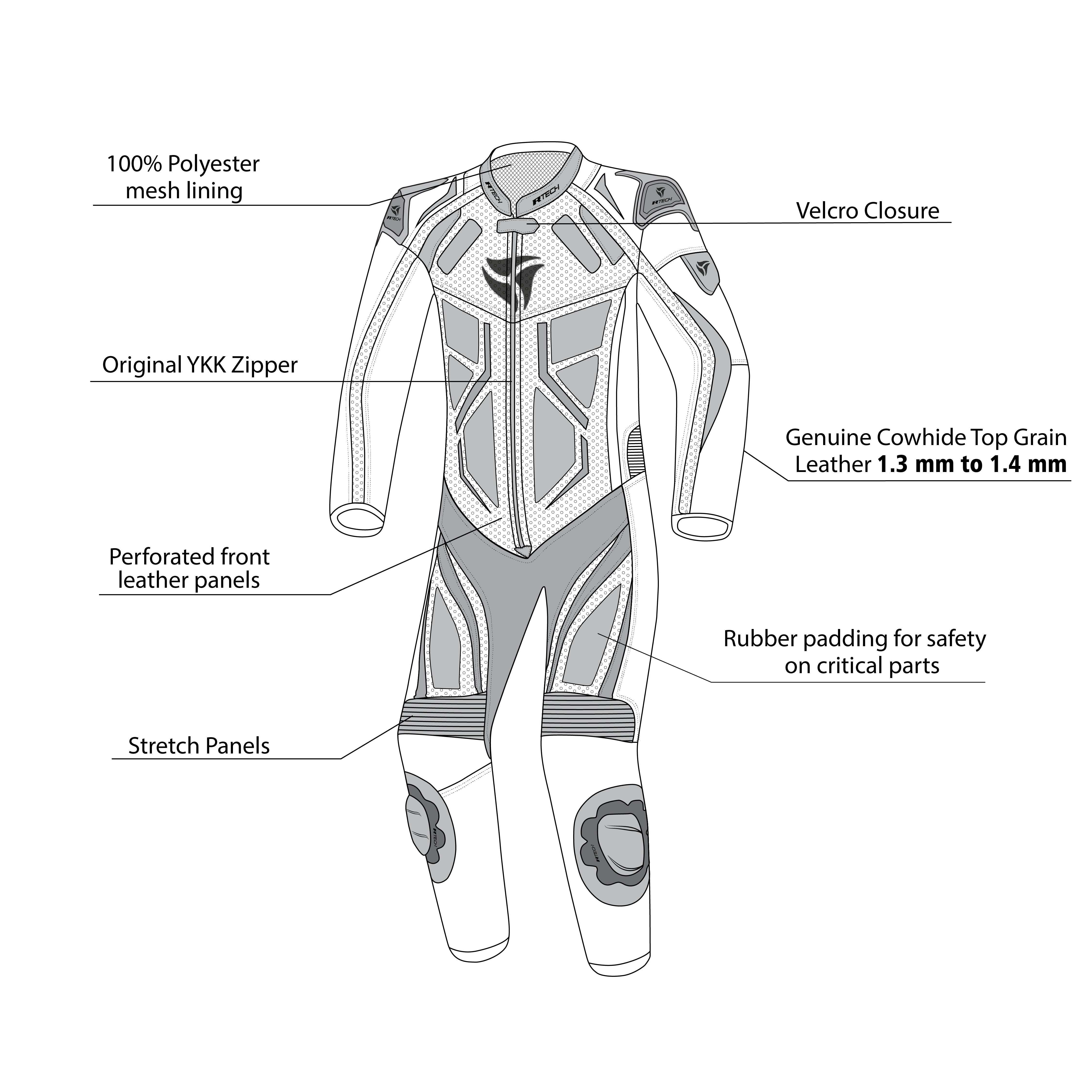 R-TECH Defender GP 1 PC Motorcycle Racing Leather Suit Black White