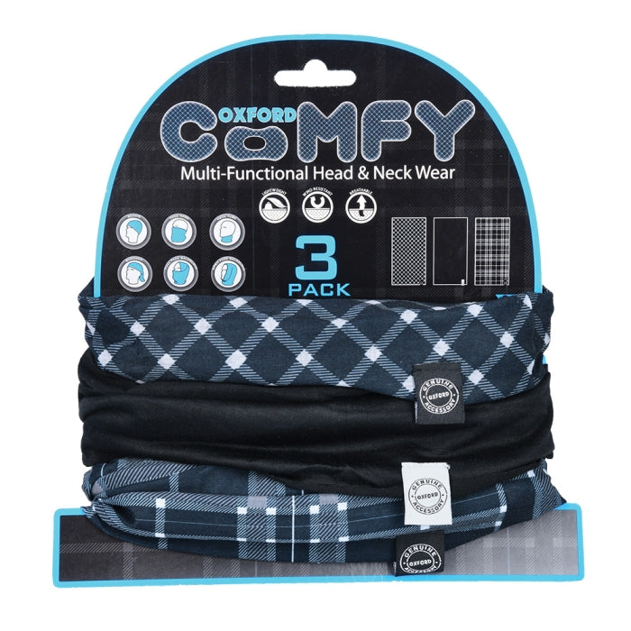 Oxford Comfy 3 Pack Multifunctional Neck & Headwear  Black White Tartan