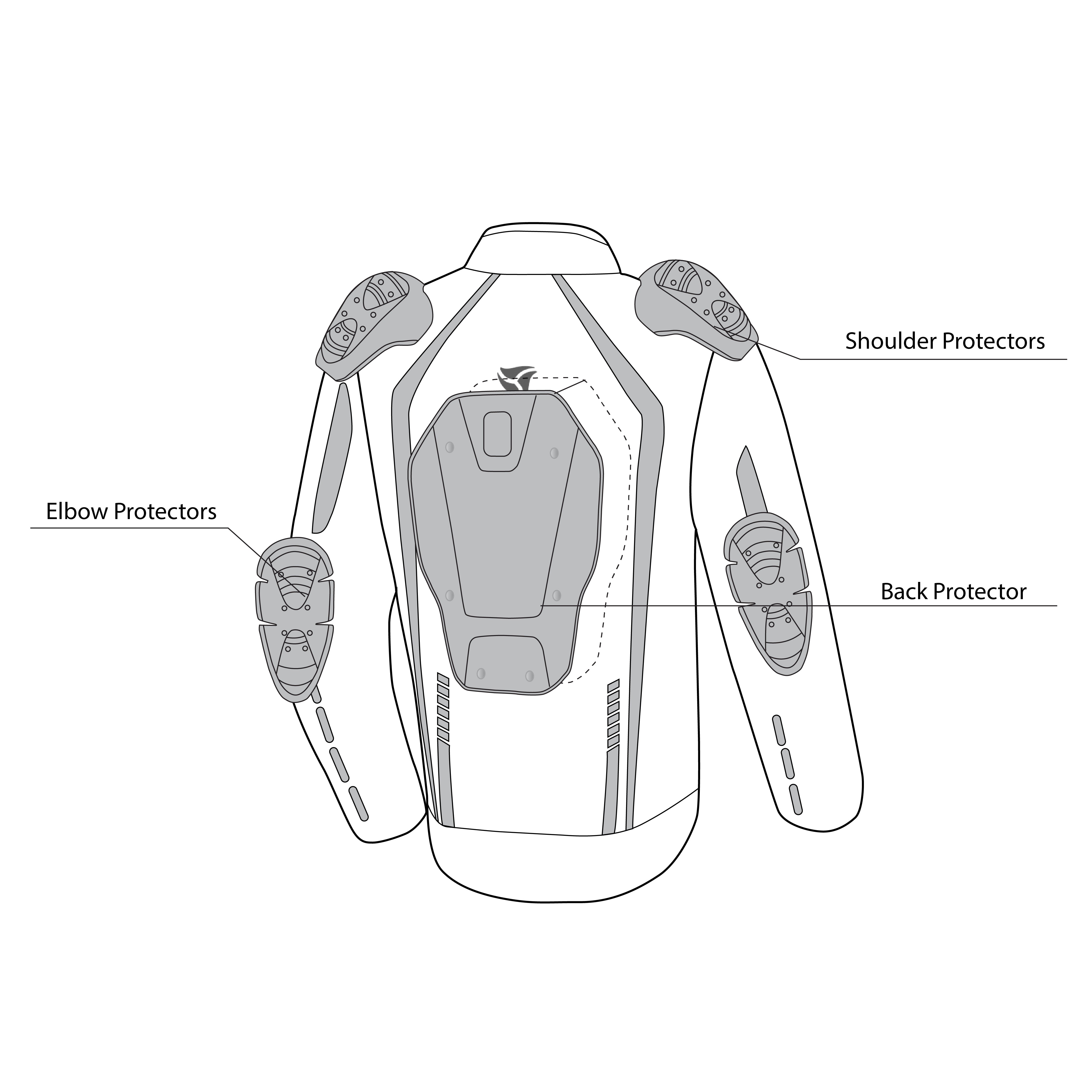 infographic sketch r-tech marshal textile jacket black and blue back side view