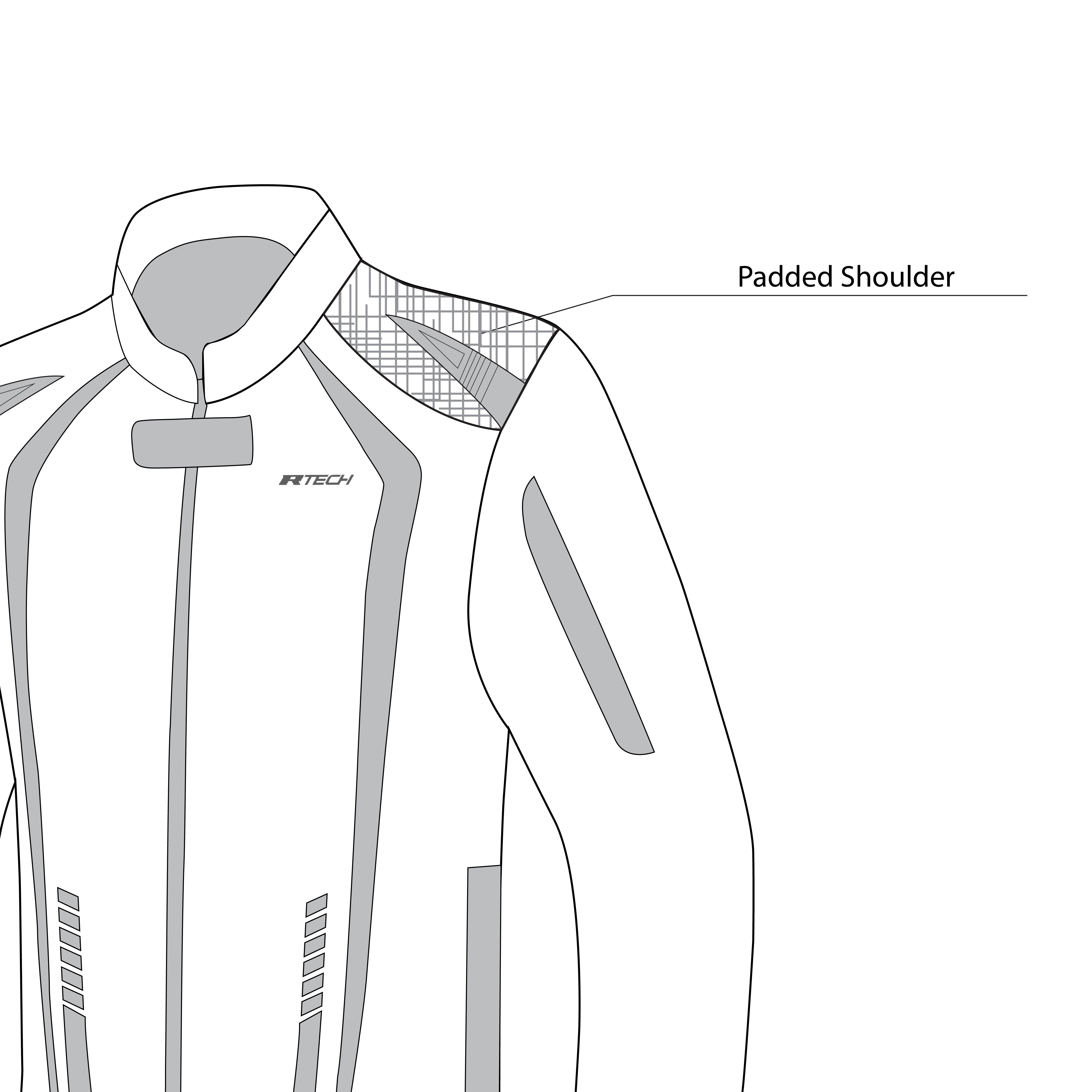 infographic sketch r-tech marshal textile jacket black and blue shoulder view