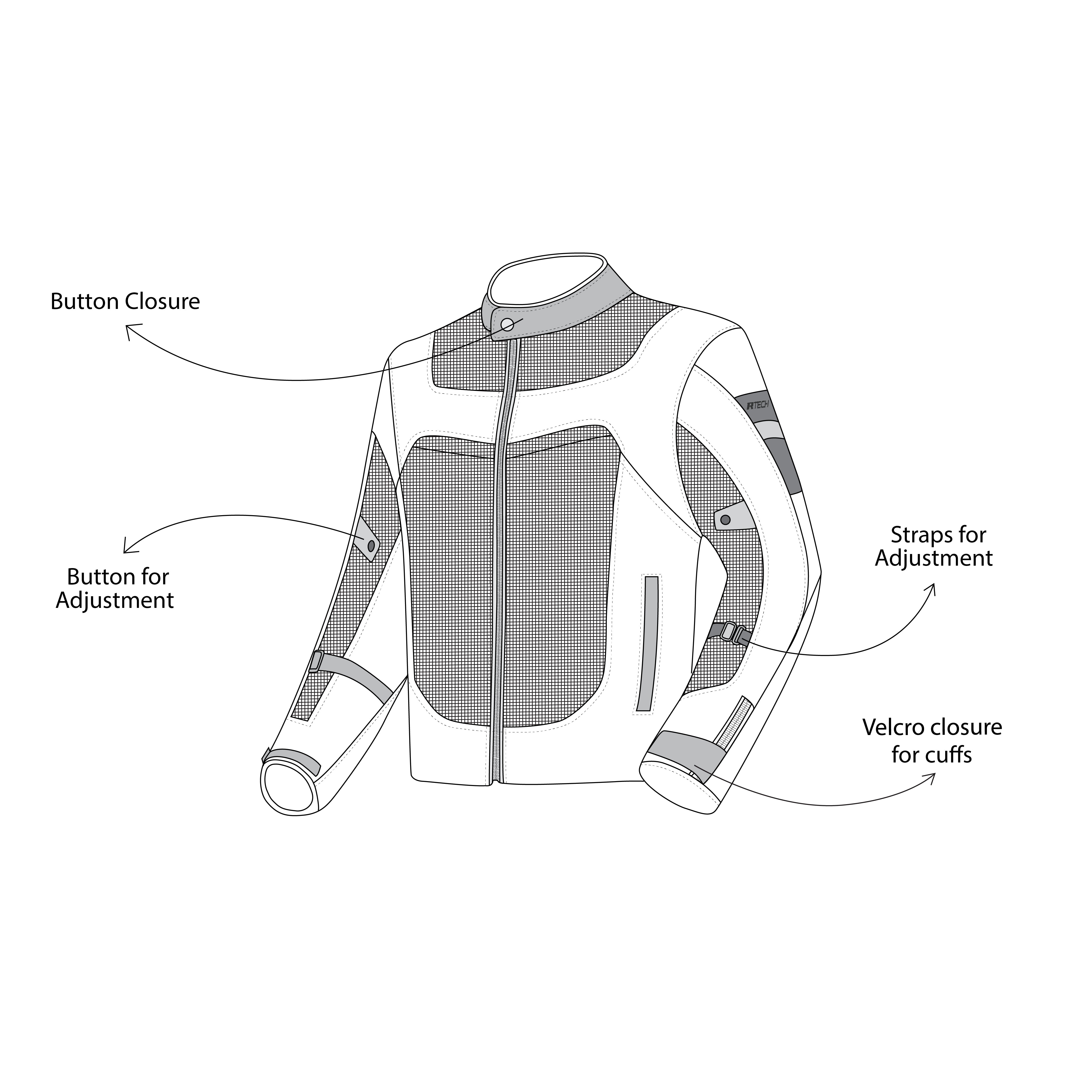 infographic sketch r-tech spiral mesh textile jacket blue, gray and red front side view