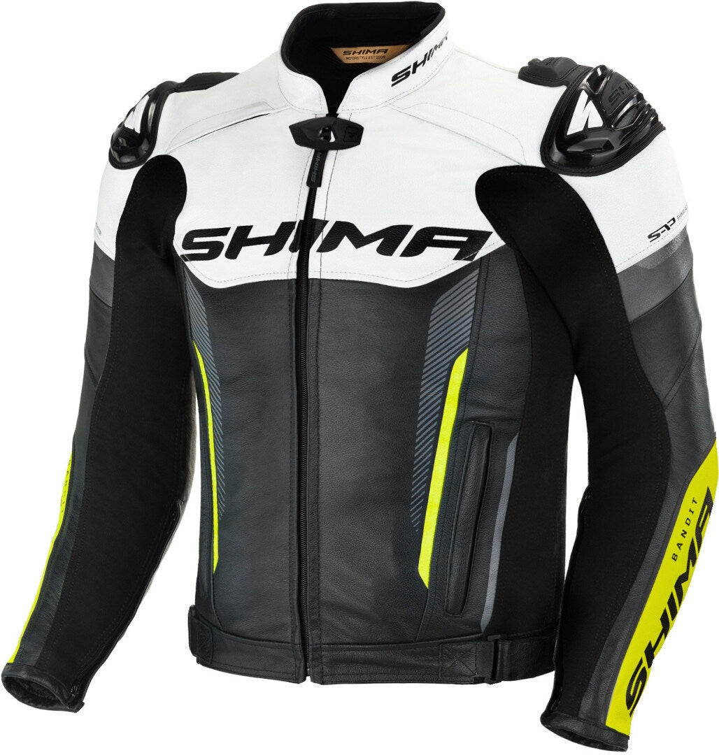 shima bandit urban sports cowhide motorcycle jacket in black, white, and fluorescent yellow