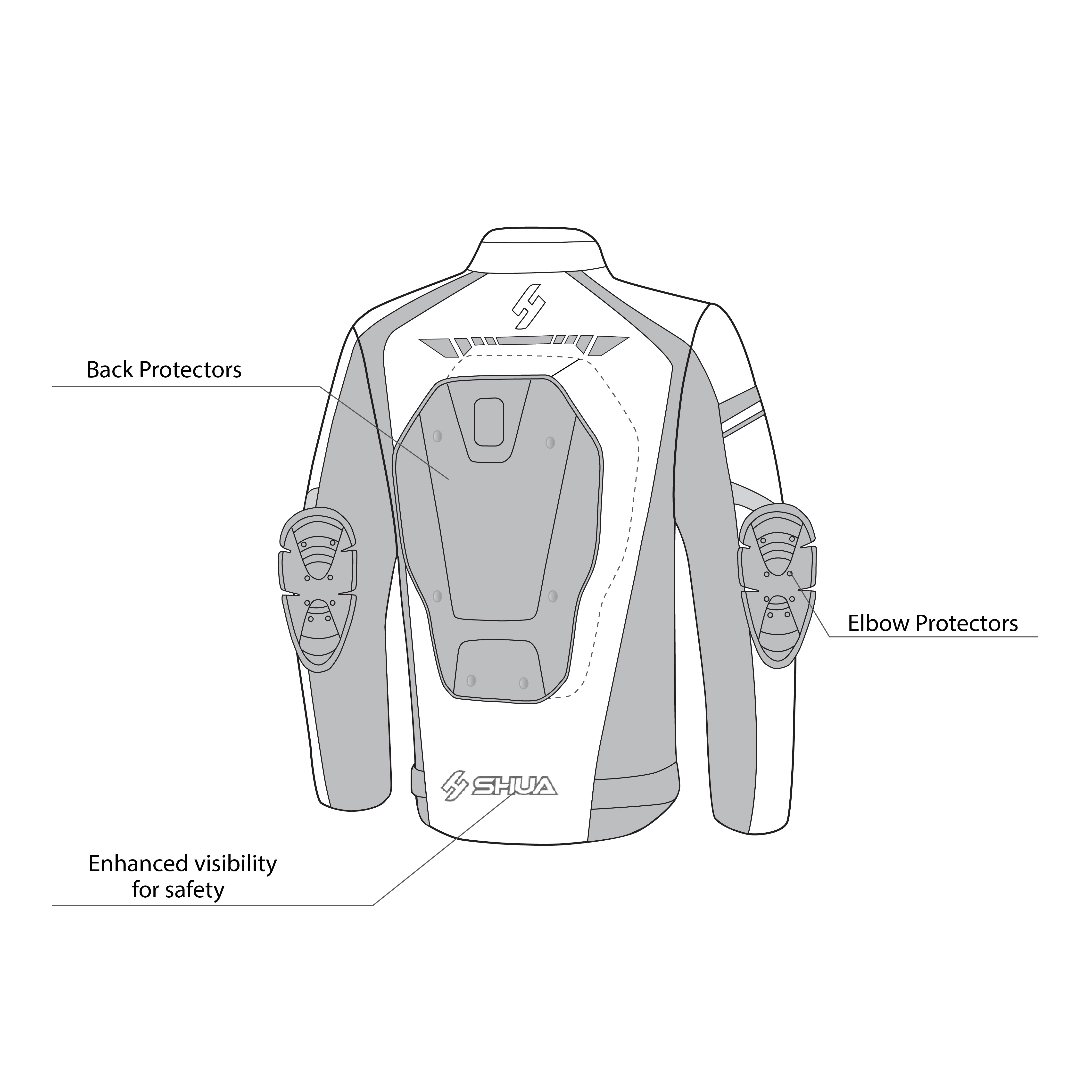 infographic sketch shua immortal textile racing jacket black, red and ice back side view