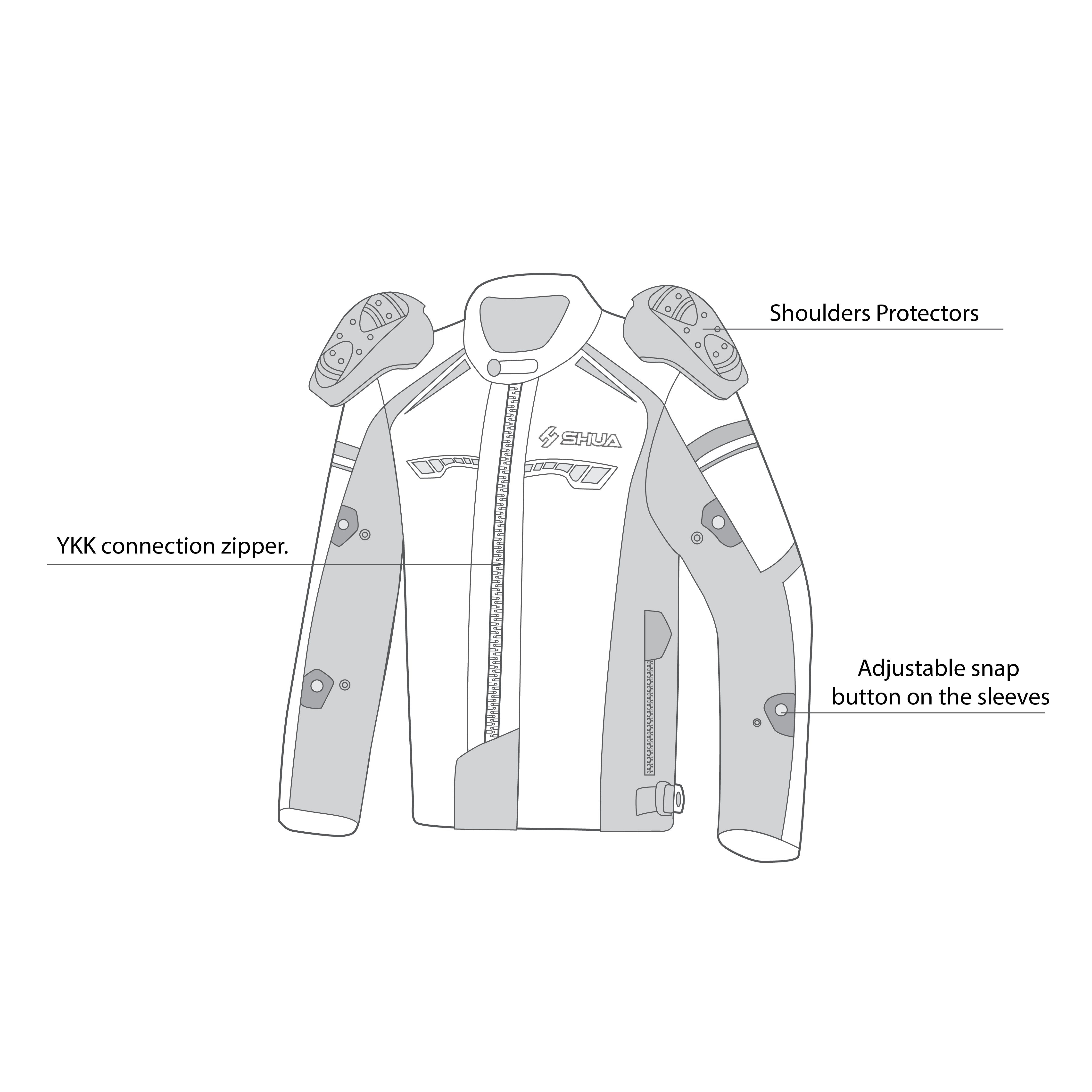 infographic sketch shua immortal textile racing jacket black, red and ice front side view