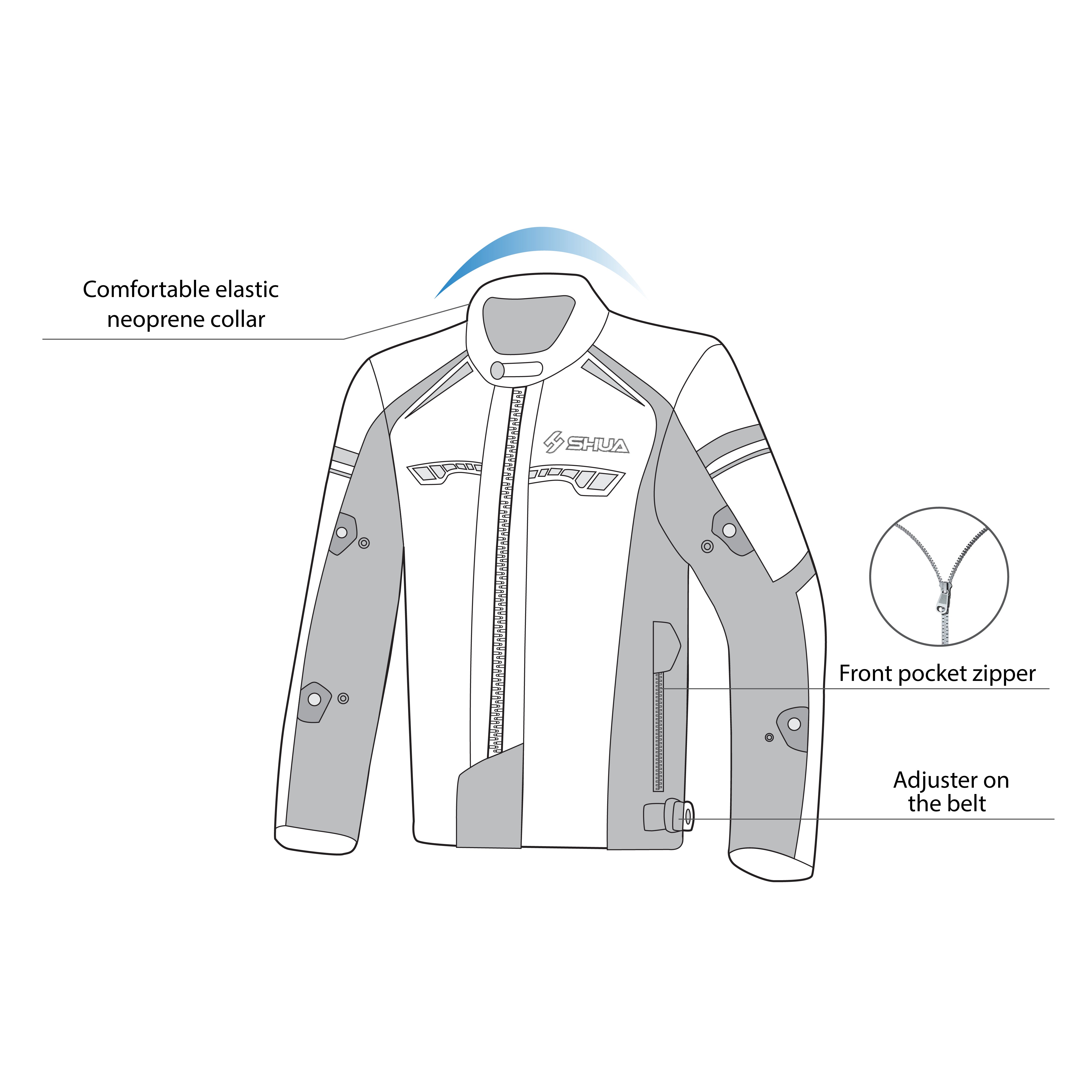 infographic sketch shua immortal textile racing jacket black, red and ice top front side view