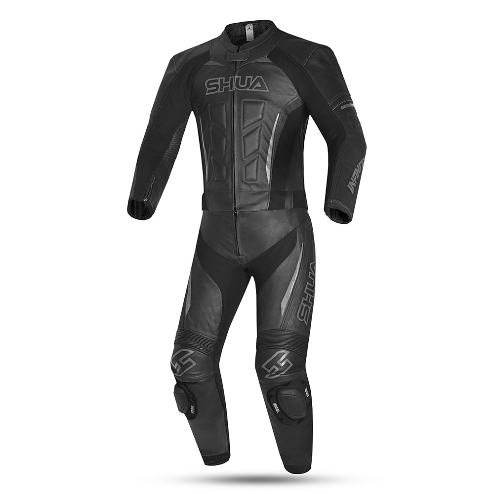 shua infinity 2 pc motorcycle racing leather suit black dark grey