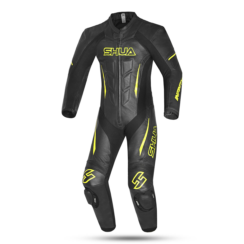 shua infinity 2.0 1 pc motorcycle racing leather suit black yellow flouro
