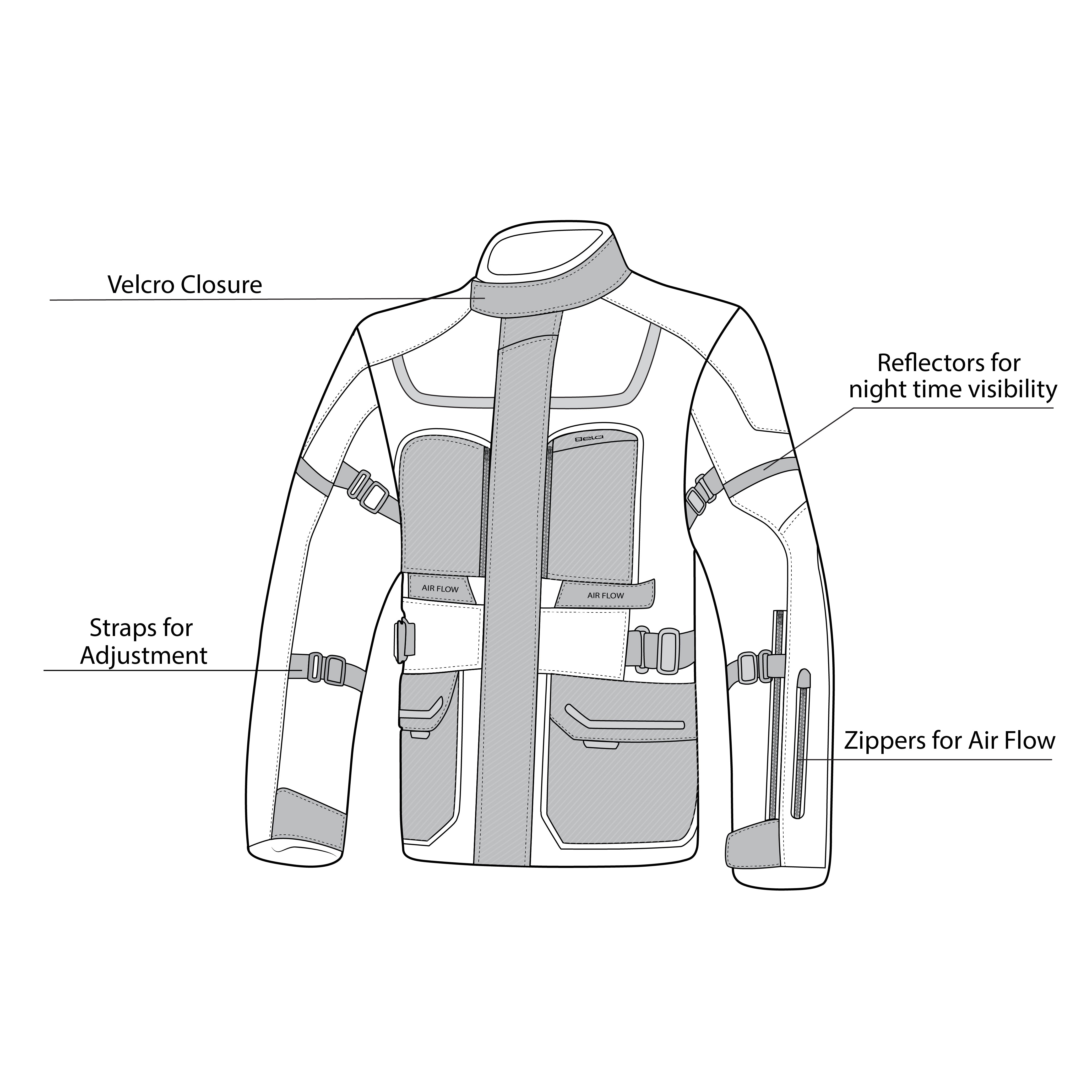 infographic sketch bela transformer the winter jacket black and yellow-flouro front side view